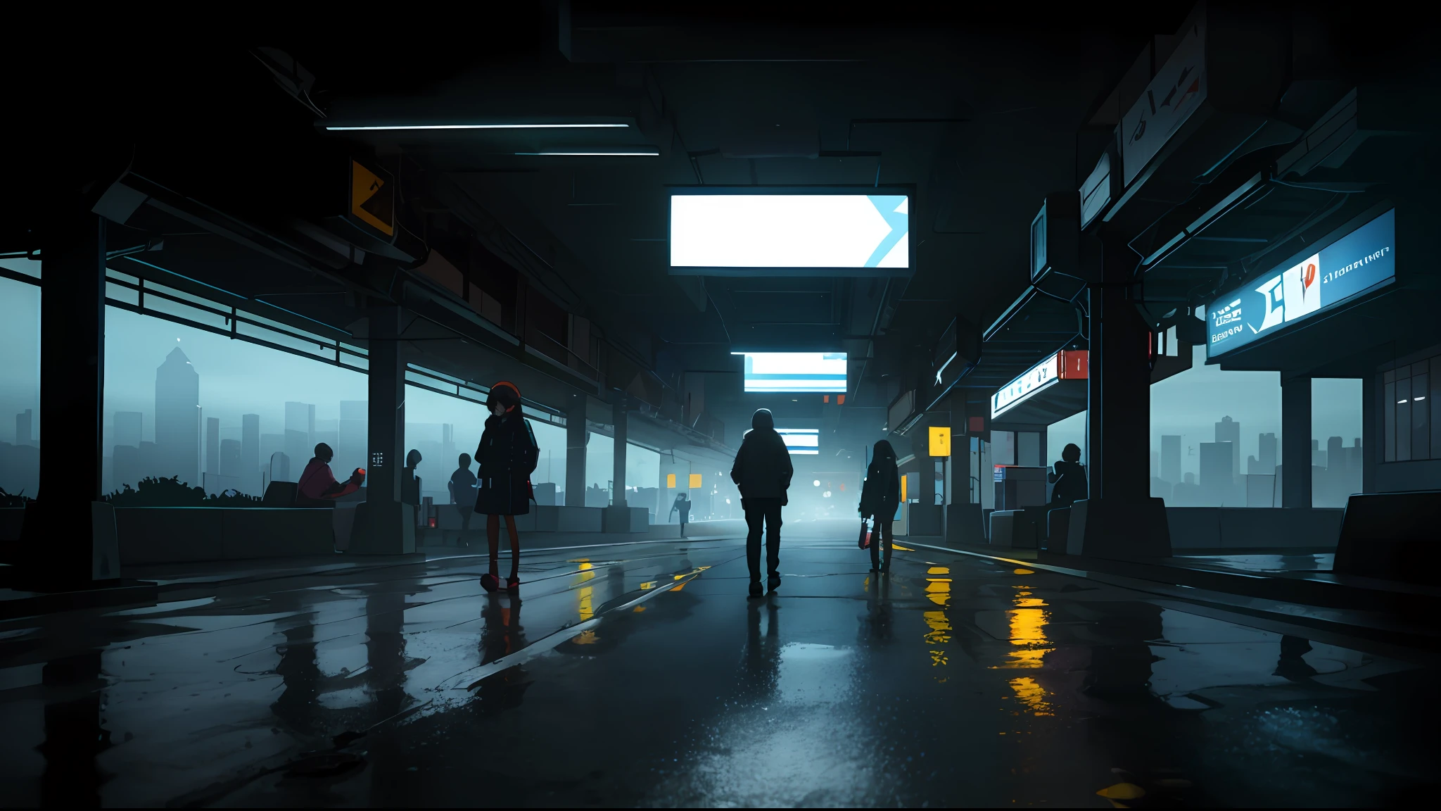 Urban design of Sidmead、chaos、Complex and high-definition、bladerunner、Ridley Scott's visual expression、Cidade futuristica、cyber punk perssonage、streetview,Old photos are super grainy,Retro,fog atmosphere