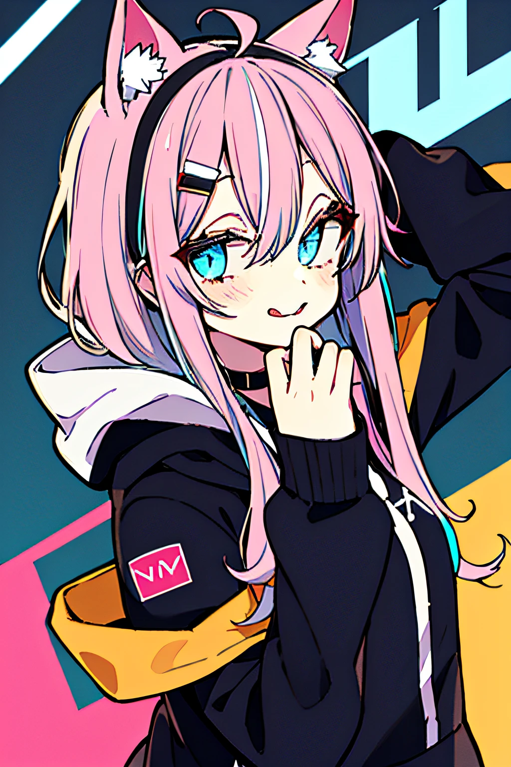 1girl, solo, hood, blue eyes, tongue, tongue out, long hair, long sleeves, bangs, hood up, black hoodie, arm up, upper body, multicolored hair, looking at viewer, white hair, hair between eyes, puffy long sleeves, hoodie, puffy sleeves, pink hair, drawstring, blush, closed mouth, :p, fake animal ears, virtual youtuber, sleeves past wrists, smile, horns, black jacket, jacket, two-tone hair