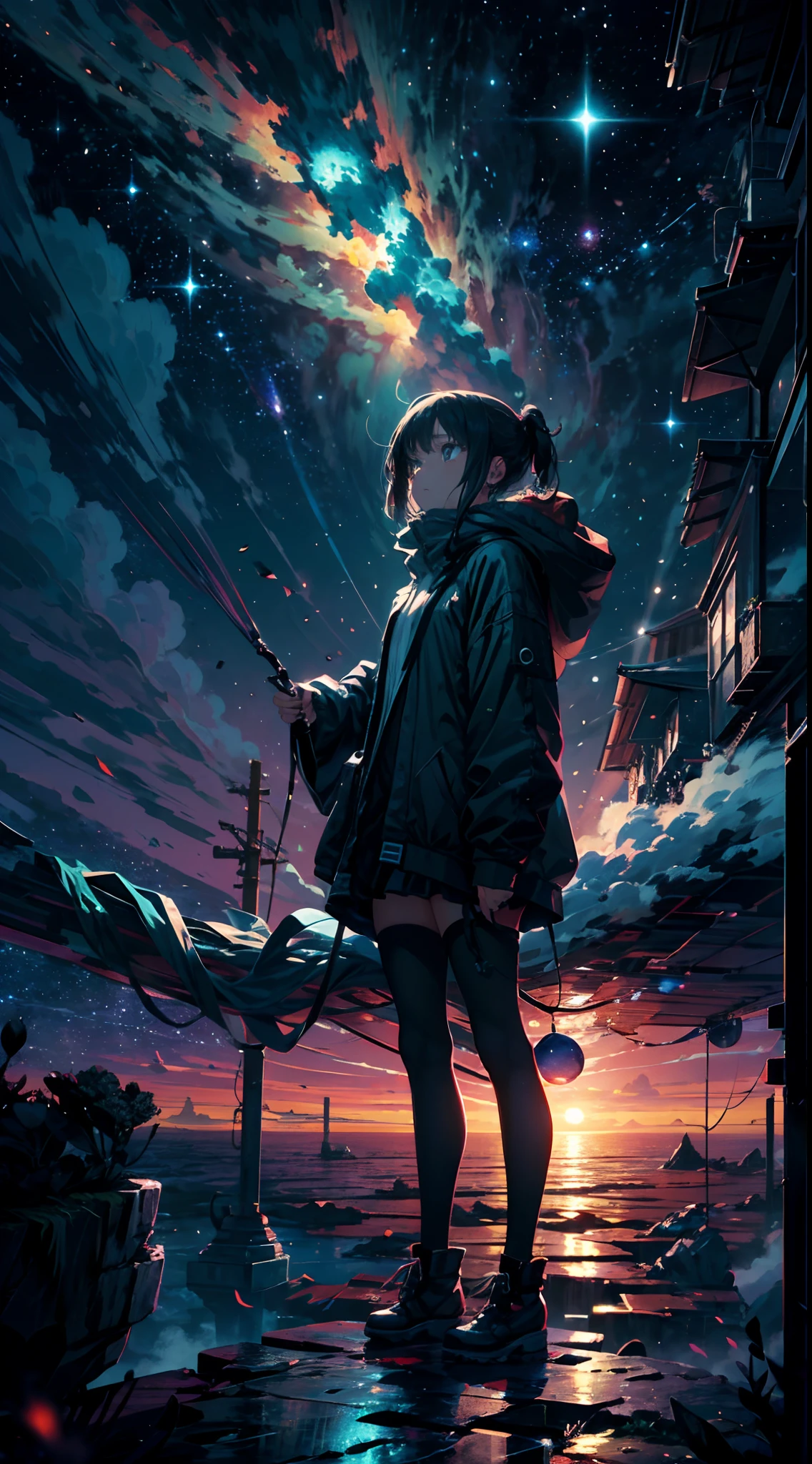 Step into a world of wonder and ethereal beauty, where reality and dreams intertwine. Visualize an awe-inspiring scene - a breathtaking view of a sea of stars, shimmering brilliantly above a blanket of fluffy clouds. In the foreground, a young girl stands on a cloud, her silhouette poised against the celestial panorama.
BREAK 
Describe the girl's stance as she gazes up at the vast expanse of twinkling stars, capturing her sense of awe and reverence. Explore the emotions evoked by the scene - a mix of wonder, curiosity, and a deep connection to the vastness of the universe. Consider the significance of this moment for the girl - is she contemplating her place in the cosmos, seeking solace or inspiration, or perhaps embarking on a celestial journey of her own?
BREAK 
Craft a brief narrative or evoke a sense of atmosphere, using evocative language to emphasize the surreal and otherworldly nature of the scene. Explore the interplay between the tangible and the intangible - the solid cloud beneath her feet contrasting with the infinite expanse of stars above. Consider incorporating sensory details such as the soft touch of the cloud, the sound of distant celestial music, or the faint scent of stardust in the air.