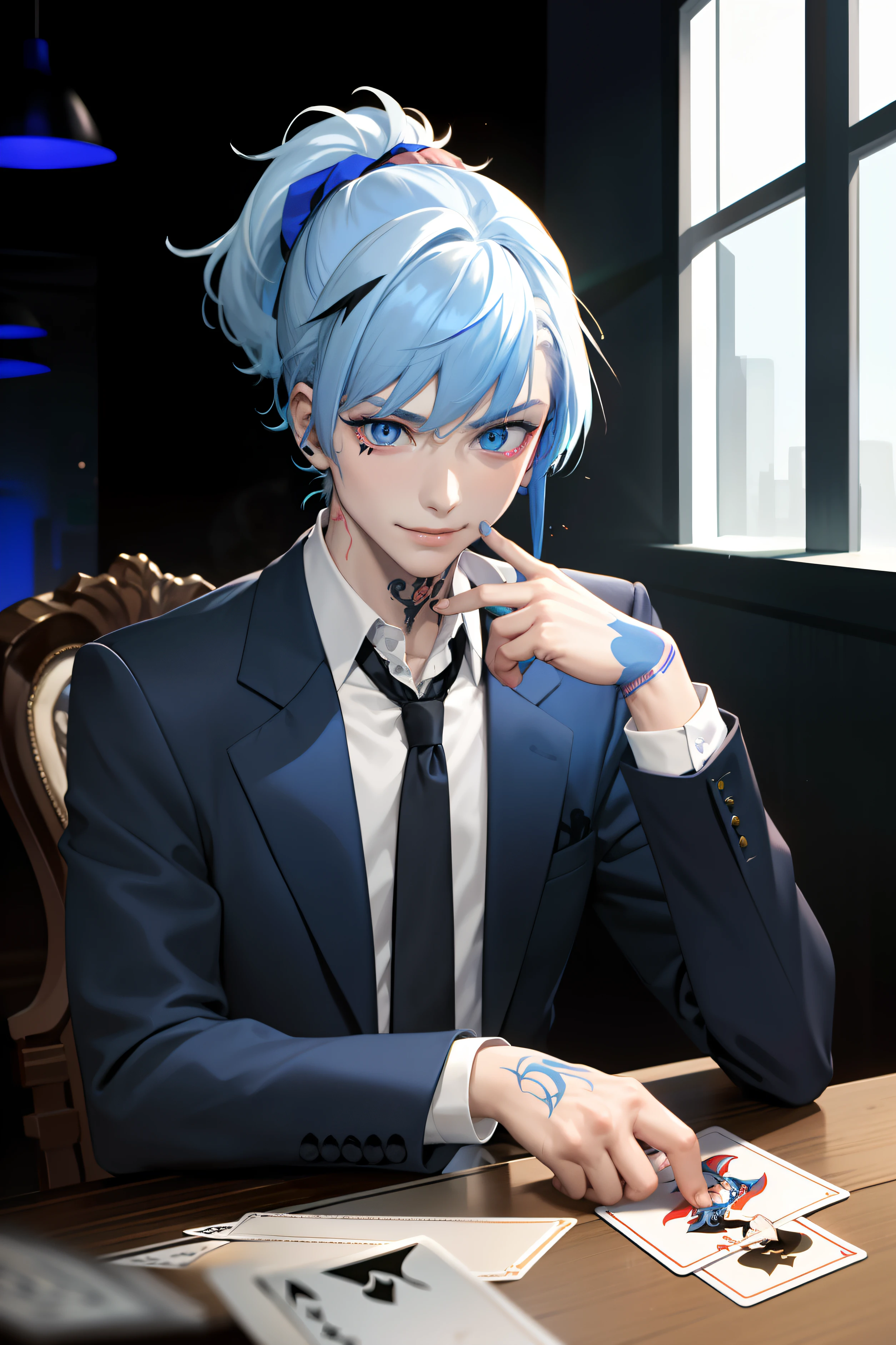 masterpiece, best quality, high quality, 1boy, solo, male focus, looking at cards, glowing neon joker cards on table, hand on face, holding neon cards, aguero_agnes_khun, blue hair, blue eyes, multicolored hair, ponytail, black vase coat suit , sleeves rolled up, loose tie, tattoos everywhere on body, smirk,