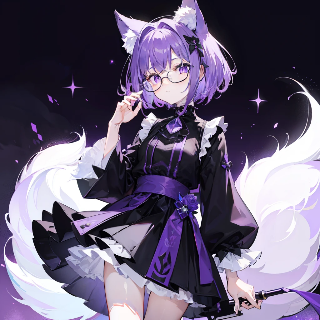 short detailed hair，Fluffy light purple，Wear a black and purple fluffy skirt，It has purple fox ears，White thin-rimmed glasses，Wears knee-length black silk，This is a cute royal sister girl