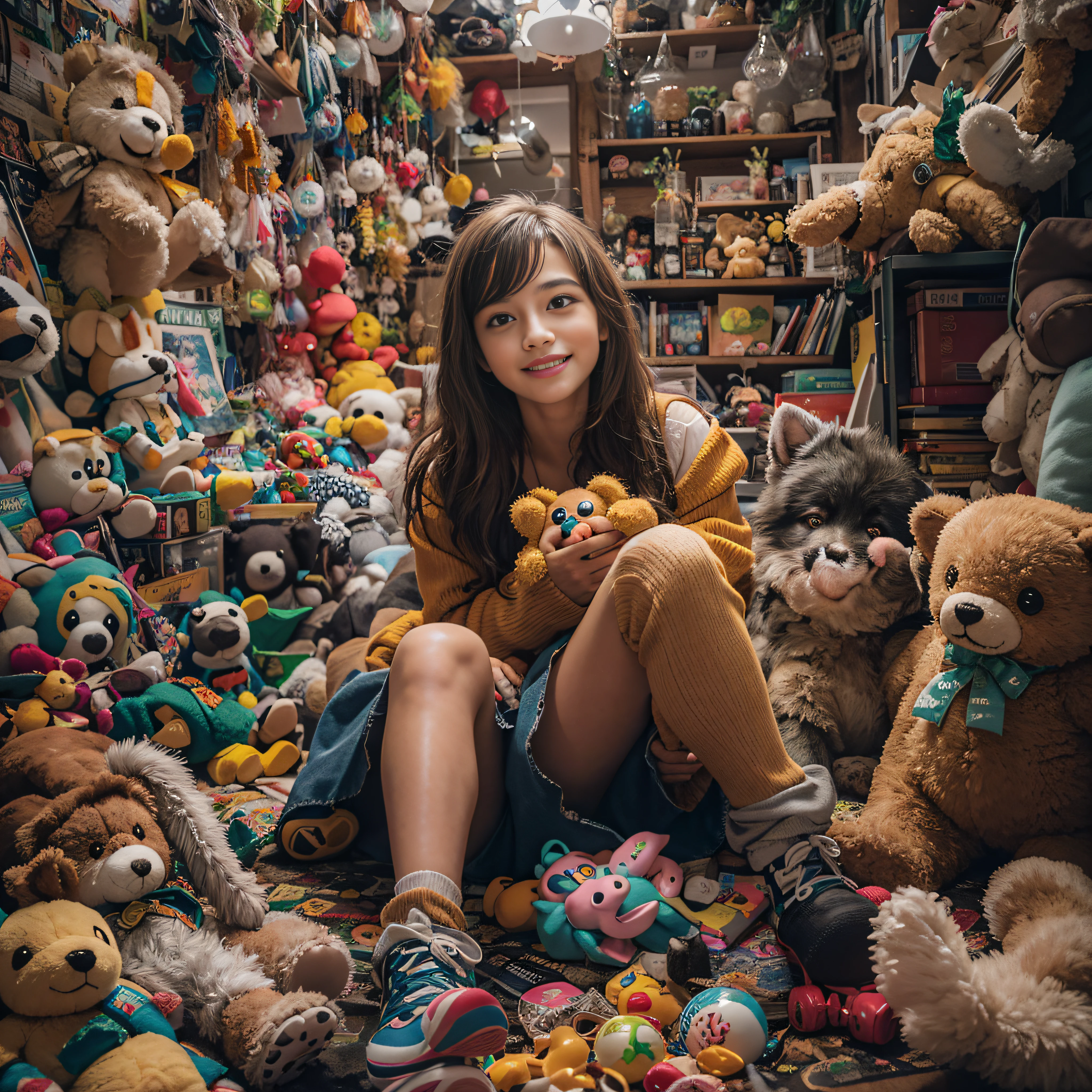 A -yeld giholds a stuffed animal,Sit in a room full of toys,,cabelos preto e longos,cheerfulness,Rejoice,Perfect quality,Clear focus(Clutter - home:0.8), (tmasterpiece:1.2) (realisticlying:1.2) (Bokeh) (best qualtiy) (detailedskin:1.3) (complexdetails) (8K) (detailedeyes) (Sharp focus),(having fun)closeup cleavage