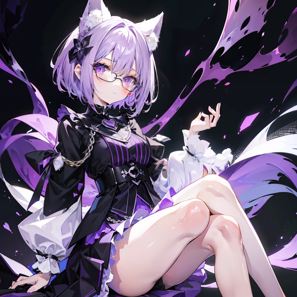 short detailed hair，Fluffy light purple，Wear a black and purple fluffy skirt，It has purple fox ears，White thin-rimmed glasses，Wears knee-length black silk，This is a cute royal sister girl