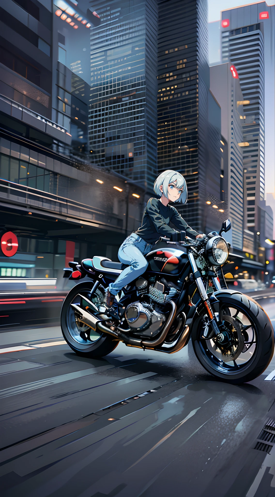 Black caferacer motorcycle driving high speed through the city (speeding), (slow motion: 1.3), (motion blur: 1.3), (speed line: 1.4), sense of speed, cat girl, short white bob hair, short denim, plain white tshirt, glow eyes, denim short, sparks and tire smoke, cityscape background, camera on ground, high quality, high resolution, realistic details