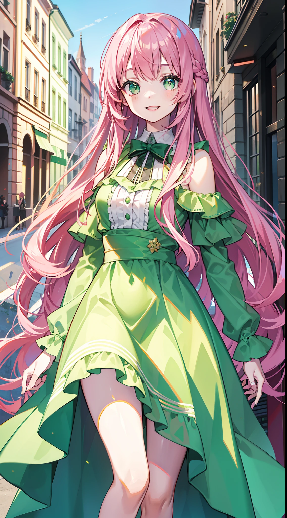 young girl, long pink hair, Green eyes, Green Light Dress, ssmile, Masterpiece, hiquality