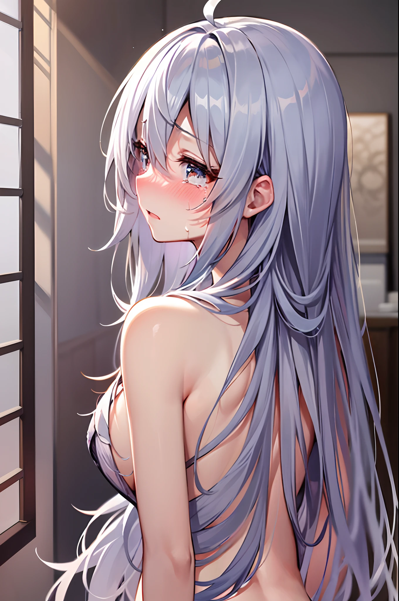 Best Quality, ultra-detailliert, Illustration, silber hair, Aimei,,embarrassed from,red blush,scratching your head,The long-haired,cute face,beutiful breast,turned around,s ass,backs,crying how bright,barechested,a towel