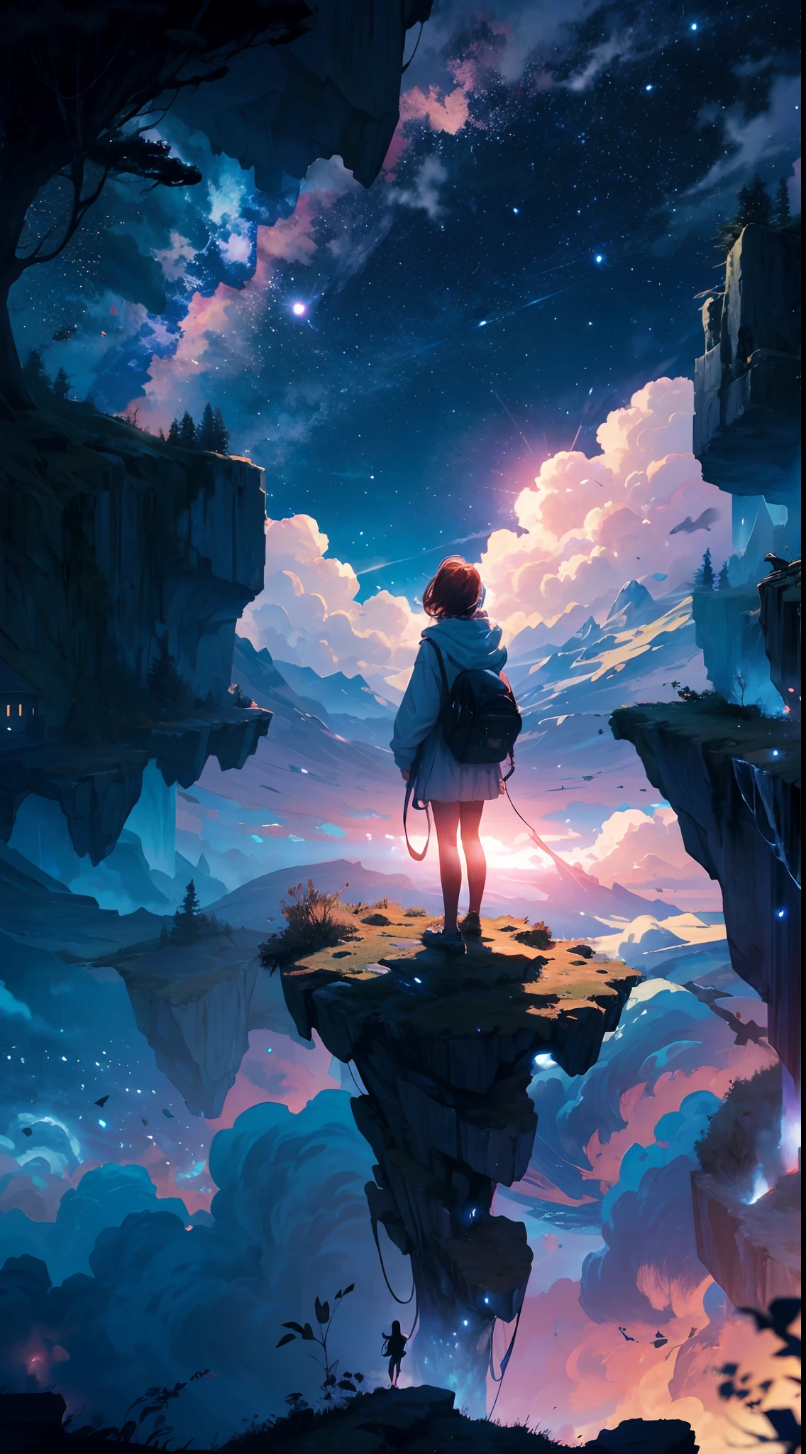 Step into a world of wonder and ethereal beauty, where reality and dreams intertwine. Visualize an awe-inspiring scene - a breathtaking view of a sea of stars, shimmering brilliantly above a blanket of fluffy clouds. In the foreground, a young girl stands on a cloud, her silhouette poised against the celestial panorama.
BREAK 
Describe the girl's stance as she gazes up at the vast expanse of twinkling stars, capturing her sense of awe and reverence. Explore the emotions evoked by the scene - a mix of wonder, curiosity, and a deep connection to the vastness of the universe. Consider the significance of this moment for the girl - is she contemplating her place in the cosmos, seeking solace or inspiration, or perhaps embarking on a celestial journey of her own?
BREAK 
Craft a brief narrative or evoke a sense of atmosphere, using evocative language to emphasize the surreal and otherworldly nature of the scene. Explore the interplay between the tangible and the intangible - the solid cloud beneath her feet contrasting with the infinite expanse of stars above. Consider incorporating sensory details such as the soft touch of the cloud, the sound of distant celestial music, or the faint scent of stardust in the air.