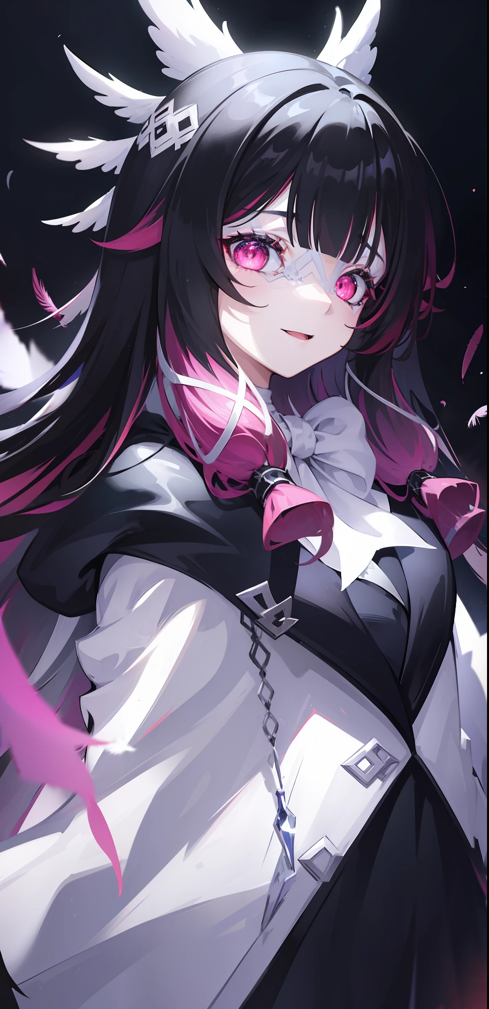 1girl, long hair, black hair, red hair, solo, open eyes, eye_mask, head wings, hair ornament, blunt bangs, light blue spotlight shining down, feathers, dark, falling feathers, evil, mysterious, black background, wind, smiling, jacket, top down view, view from above, wide bright neon pink eyes, looking at viewer, insane expression, crazy, glowing eyes,