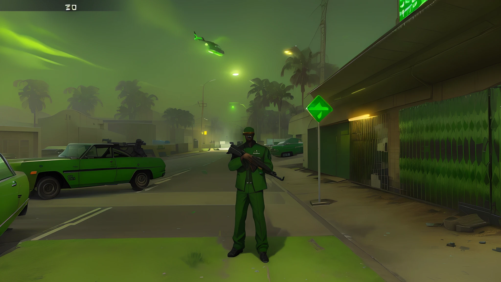 An image of a man in a green uniform standing in front of a car, GTA San Andreas, GTA, gta character, In GTA San Andreas, in game graphic, video game screenshot>, Green smoky sky, ps 2 screenshot, in game, ingame image, 《Grand Theft Auto V》Snoop Dogg, in - game, in-game, Green fog