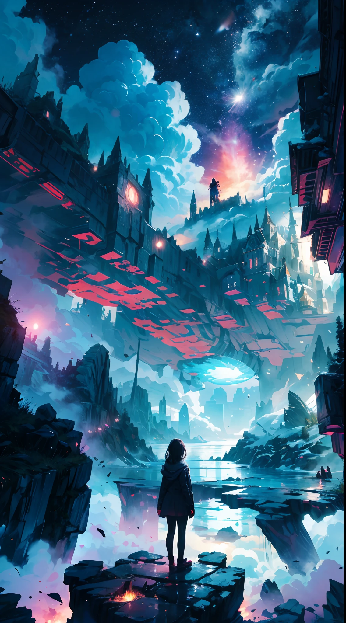 Step into a world of wonder and ethereal beauty, where reality and dreams intertwine. Visualize an awe-inspiring scene - a breathtaking view of a sea of stars, shimmering brilliantly above a blanket of fluffy clouds. In the foreground, a young girl stands on a cloud, her silhouette poised against the celestial panorama.
BREAK
Describe the girl's stance as she gazes up at the vast expanse of twinkling stars, capturing her sense of awe and reverence. Explore the emotions evoked by the scene - a mix of wonder, curiosity, and a deep connection to the vastness of the universe. Consider the significance of this moment for the girl - is she contemplating her place in the cosmos, seeking solace or inspiration, or perhaps embarking on a celestial journey of her own?
BREAK
Craft a brief narrative or evoke a sense of atmosphere, using evocative language to emphasize the surreal and otherworldly nature of the scene. Explore the interplay between the tangible and the intangible - the solid cloud beneath her feet contrasting with the infinite expanse of stars above. Consider incorporating sensory details such as the soft touch of the cloud, the sound of distant celestial music, or the faint scent of stardust in the air.