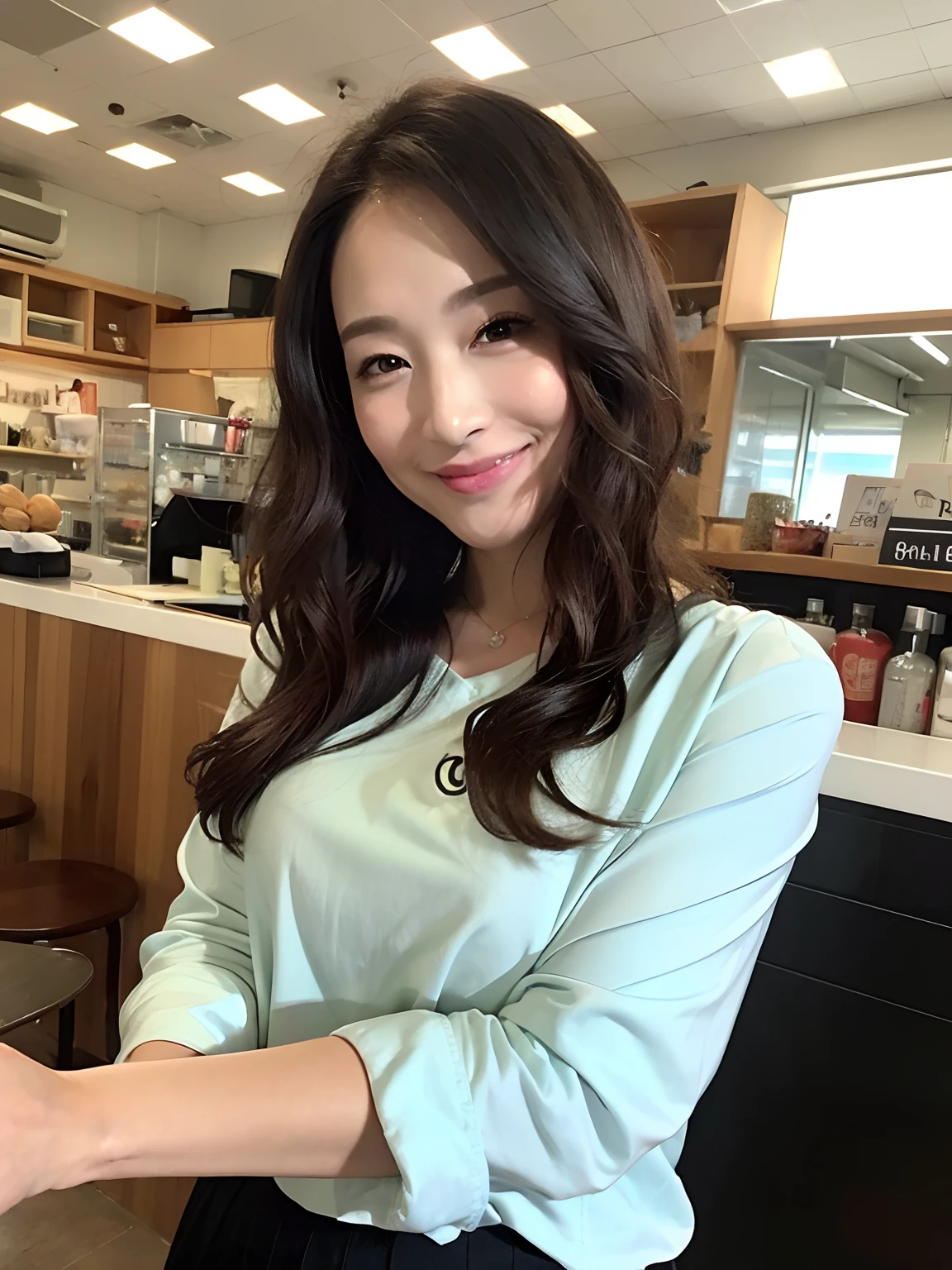 ((top-quality、8K、masterpiece:1.3))、Photorealsitic, foco nítido, high-level image quality, hight resolution, Portrait, Solo, japanes, Woman, Beautie, 25-years old, Plump, Wavy Hair, The shirt, cafes,tight skirts,A smile