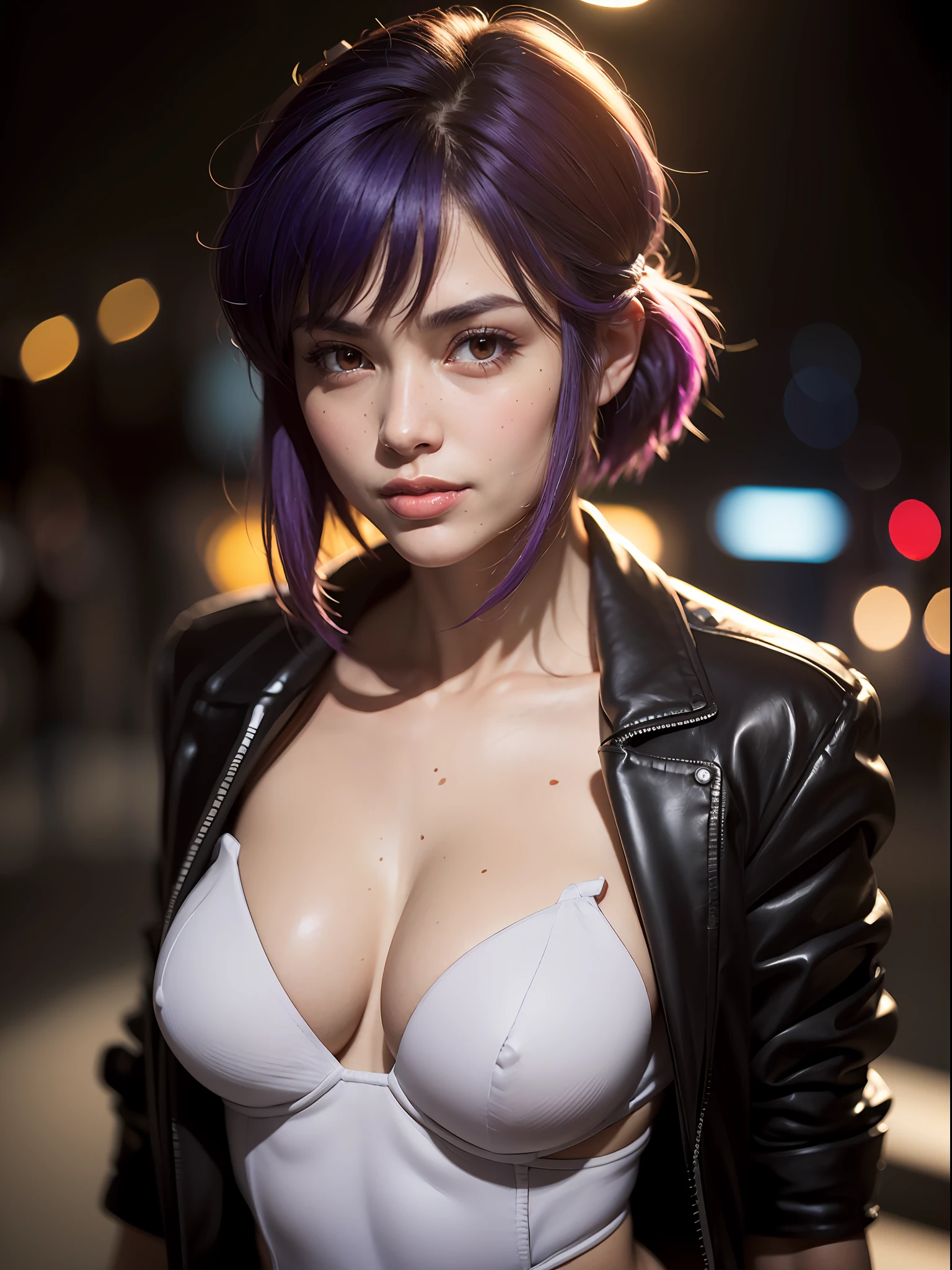 (Masterpiece:1.4), (best quality, high resolution:1.4) (standing:1.4), (dynamic pose:1.5), futuristic city, dark city, neon lights, cybernetic, solo, 1girl, kusanagi motoko, expressionless, closed mouth, purple hair, jacket, white leotard, white thighhighs, gloves, cleavage  looking at viewer, beautifull smile, beautiful face, highly detailed face, highly detailed eyes, highly detailed skin, skin pores, subsurface scattering, realistic pupils, full face blush, full lips, detailed background, depth of field, volumetric lighting, sharp focus, absurdres, realistic proportions, good anatomy, (realistic, hyperrealistic:1.4), 16k hdr,