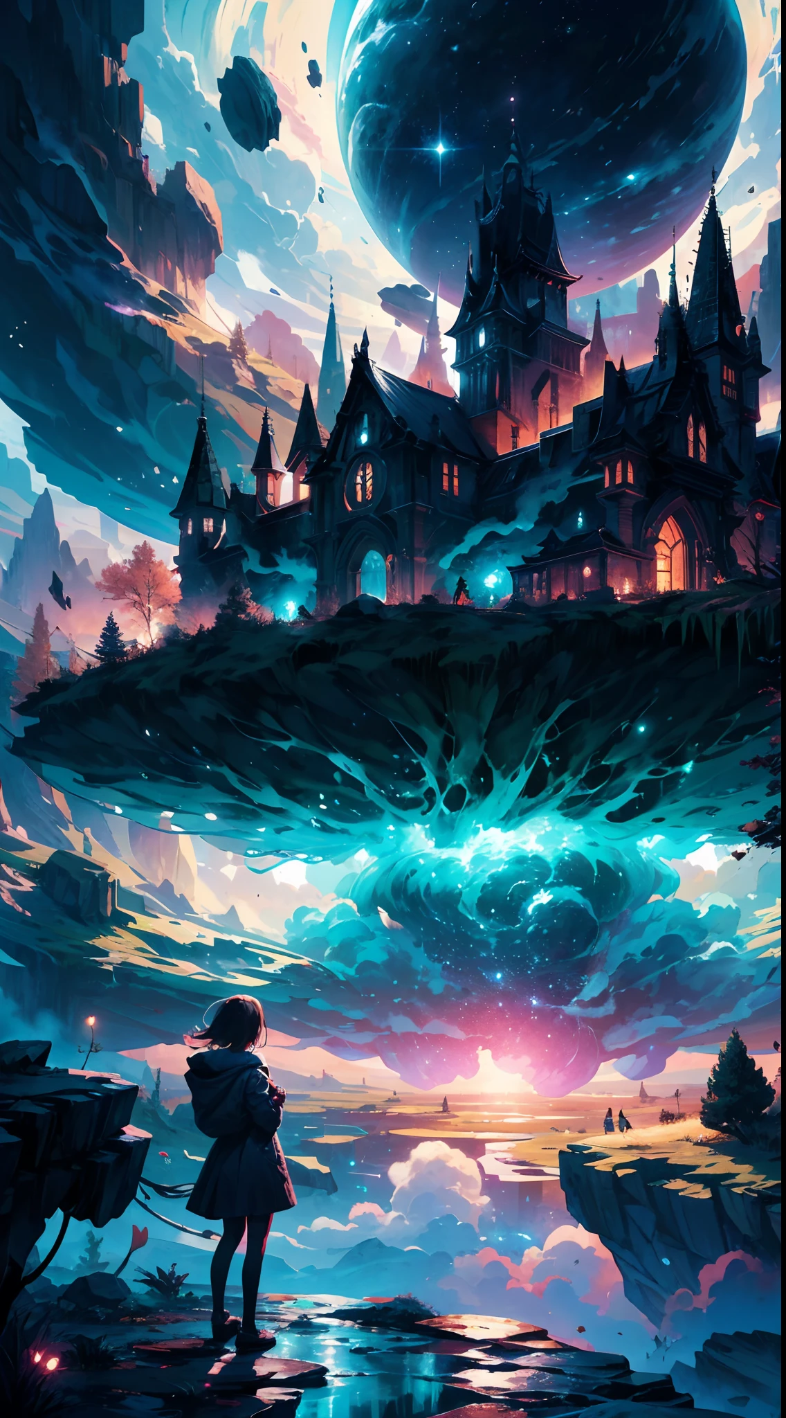 A painting of a person standing on a rock looking at a castle - SeaArt AI