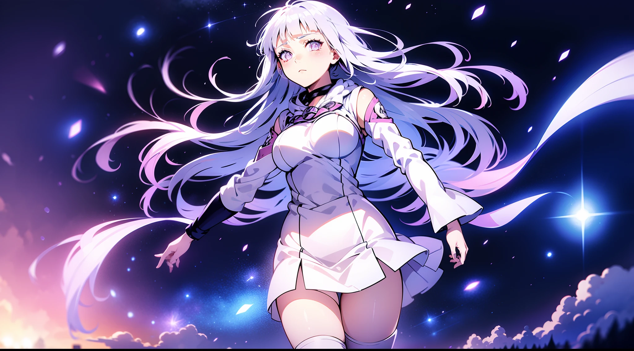 white color hair，Hinata Hinata，Wear a bandage outfit，Bigboobs，Long white stockings，are standing，starrysky，Light particles