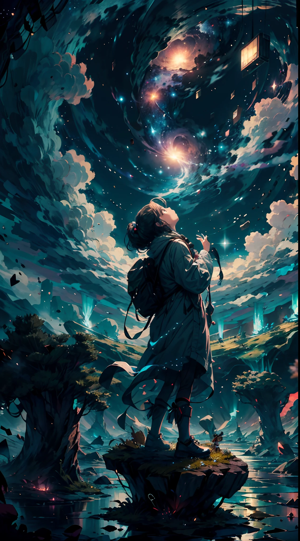 Step into a world of wonder and ethereal beauty, where reality and dreams intertwine. Visualize an awe-inspiring scene - a breathtaking view of a sea of stars, shimmering brilliantly above a blanket of fluffy clouds. In the foreground, a young girl stands on a cloud, her silhouette poised against the celestial panorama.
BREAK
Describe the girl's stance as she gazes up at the vast expanse of twinkling stars, capturing her sense of awe and reverence. Explore the emotions evoked by the scene - a mix of wonder, curiosity, and a deep connection to the vastness of the universe. Consider the significance of this moment for the girl - is she contemplating her place in the cosmos, seeking solace or inspiration, or perhaps embarking on a celestial journey of her own?
BREAK
Craft a brief narrative or evoke a sense of atmosphere, using evocative language to emphasize the surreal and otherworldly nature of the scene. Explore the interplay between the tangible and the intangible - the solid cloud beneath her feet contrasting with the infinite expanse of stars above. Consider incorporating sensory details such as the soft touch of the cloud, the sound of distant celestial music, or the faint scent of stardust in the air.