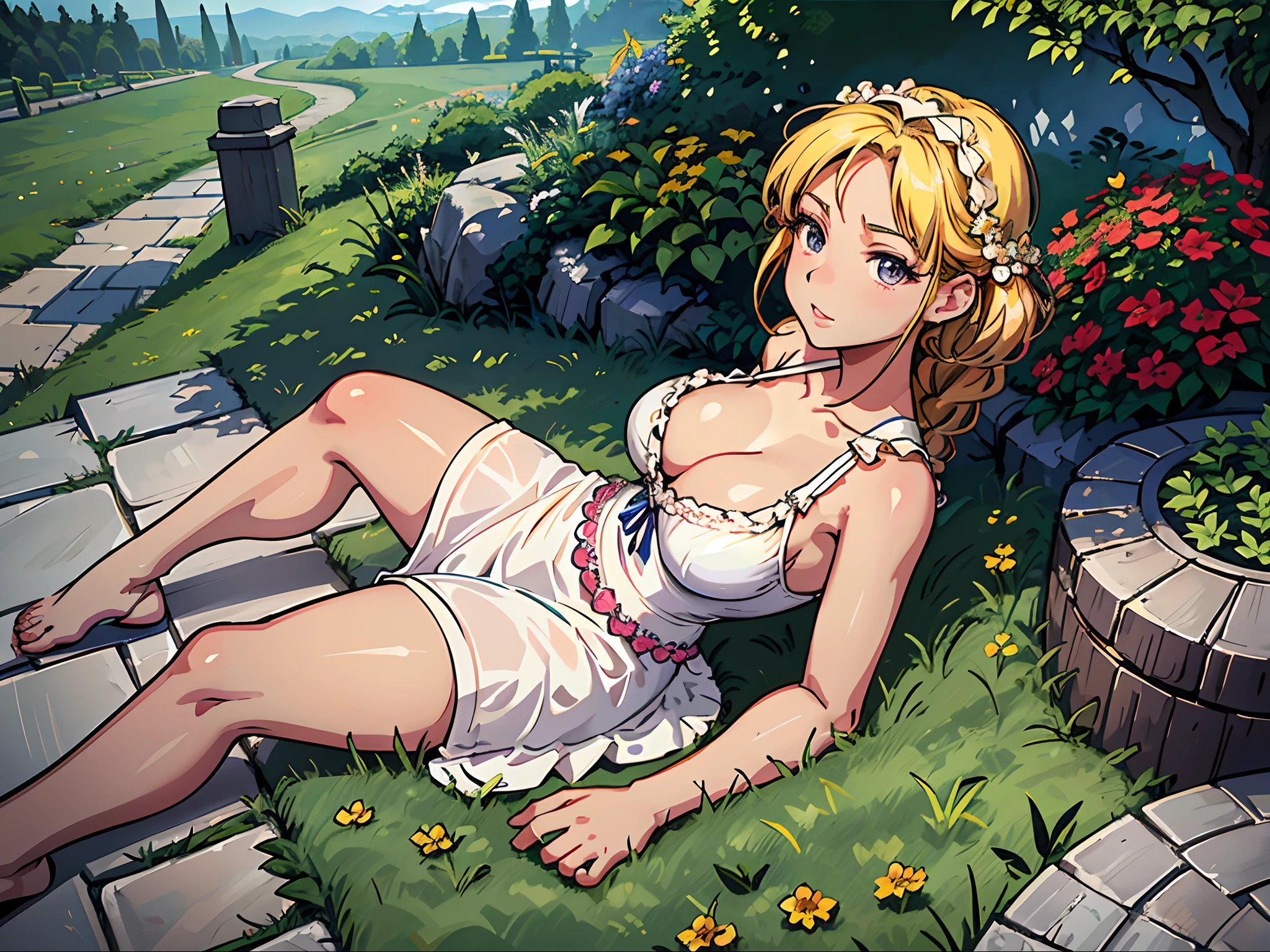 Anime - style illustration of a woman lying on the garden floor, small curvaceous , lolidress, blonde goddess, commission for high resolution, a sexy maid in a magical forest, Kushatt Krenz Key Art Women, beautiful teenage , highly detailed exquisite fanart, Cute detailed digital art, Digital anime illustration, the goddess of summer, Anime goddess