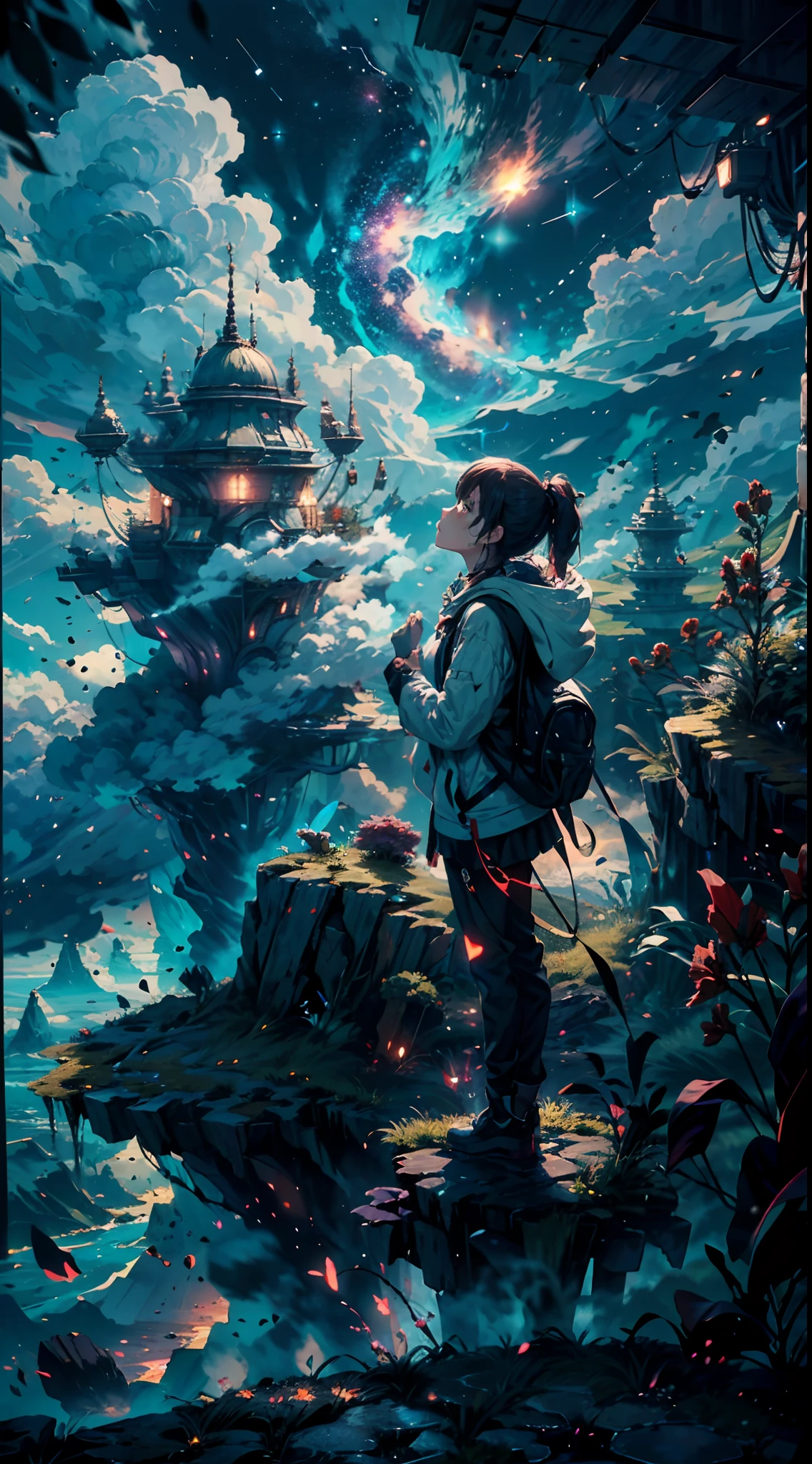 Step into a world of wonder and ethereal beauty, where reality and dreams intertwine. Visualize an awe-inspiring scene - a breathtaking view of a sea of stars, shimmering brilliantly above a blanket of fluffy clouds. In the foreground, a young girl stands on a cloud, her silhouette poised against the celestial panorama.
BREAK
Describe the girl's stance as she gazes up at the vast expanse of twinkling stars, capturing her sense of awe and reverence. Explore the emotions evoked by the scene - a mix of wonder, curiosity, and a deep connection to the vastness of the universe. Consider the significance of this moment for the girl - is she contemplating her place in the cosmos, seeking solace or inspiration, or perhaps embarking on a celestial journey of her own?
BREAK
Craft a brief narrative or evoke a sense of atmosphere, using evocative language to emphasize the surreal and otherworldly nature of the scene. Explore the interplay between the tangible and the intangible - the solid cloud beneath her feet contrasting with the infinite expanse of stars above. Consider incorporating sensory details such as the soft touch of the cloud, the sound of distant celestial music, or the faint scent of stardust in the air.