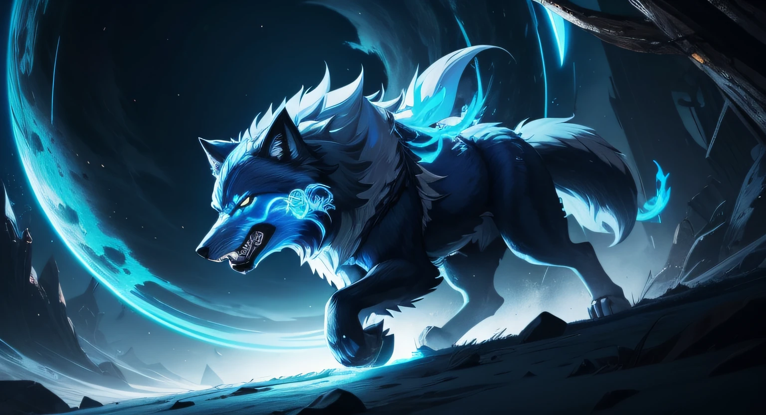Blue Wolf in anime style,A wolf looked fiercely at the camera,There is a glowing sphere in the background, Mobile game art, background artwork, Detailed game art, koda kazuma, high detailed official artwork, Official artwork, Game art, Mobile game background, Game illustration, arte de fundo, wolf o'donnell, amazing wallpapers, Game art!!, Official Splash Art, ultra detailed game art, fenrir