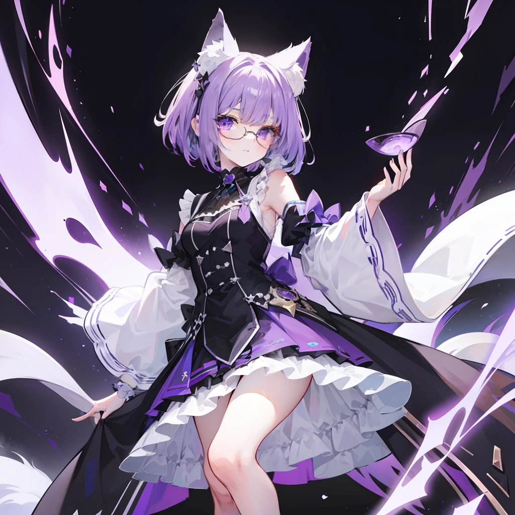 short detailed hair,Fluffy light purple,Wear a black and purple fluffy skirt,It has purple fox ears,White extra-thick-framed glasses,Wears knee-length black silk,This is a cute royal sister girl