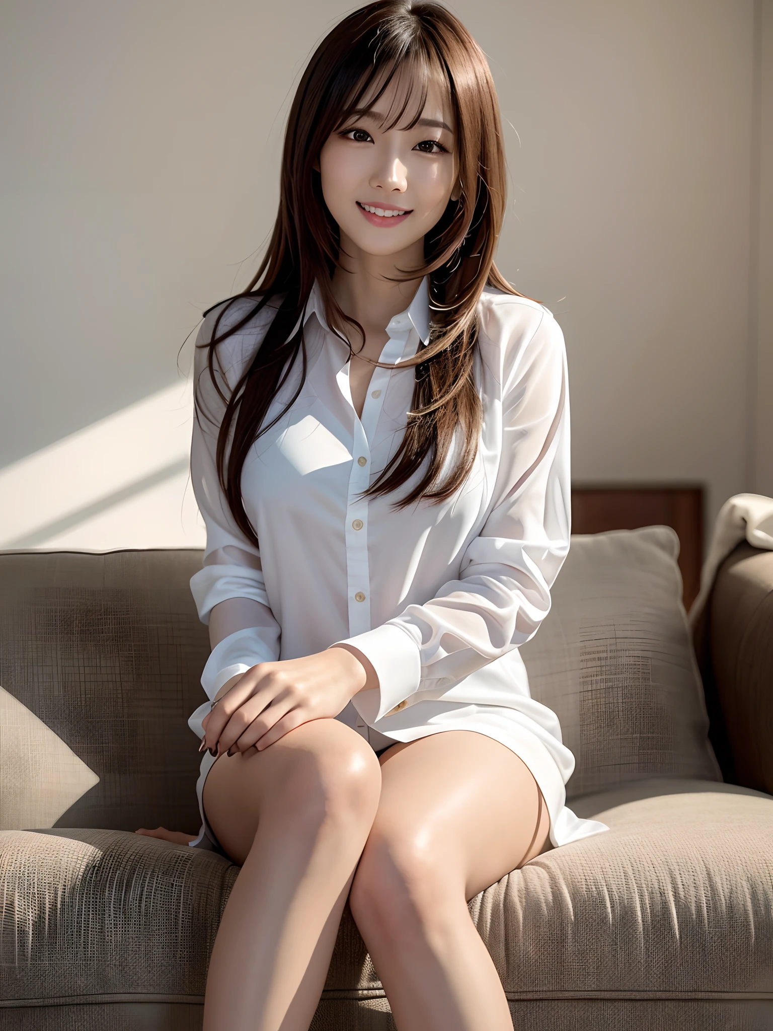 product quality, a cowboy shot, front view, 1girl, a Japanese young pretty woman, wearing a marriage ring, long bob hair, hyper pretty face, glamorous, wearing a long sleeves and long length shiny satin white shirt with collared, unbuttoned her shirt on her chest, wearing a silky white panty, sitting on a leather sofa with a big smile in a living room, naked legs, glossy lips, double eyelids for both eyes, natural makeup, long eyelashes, shiny smooth light brown hair of long bob hair, asymmetrical bangs, tanned skin, central image, high resolution, high detail, detailed hairstyle, detailed face, spectacular movie lighting, octane rendering, hyper realistic, perfect limbs, perfect anatomy