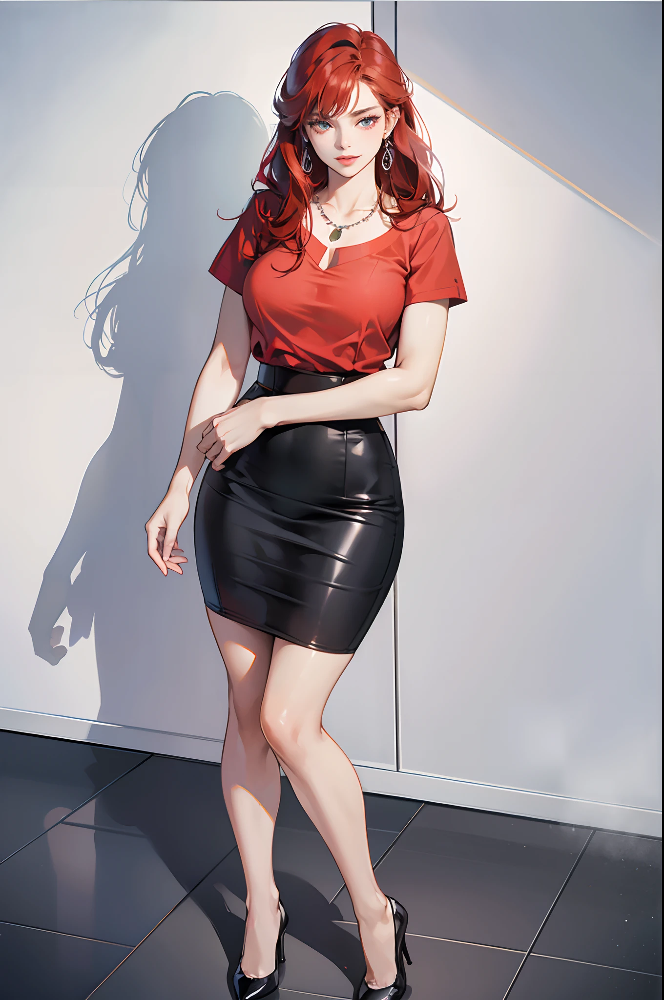 A woman in a red skirt and black top is leaning against a wall, Black and Red silk clothing, Knee socks and skirt, Wearing a red skirt, Black and Red, Red and Black, in Red and Black, Elegant legs, beautiful Short skirt, in red Velvet Stockings, mini skirt, Short skirt, Velvet Stockings, Pantyhose tights, Thighs!!!! nice
