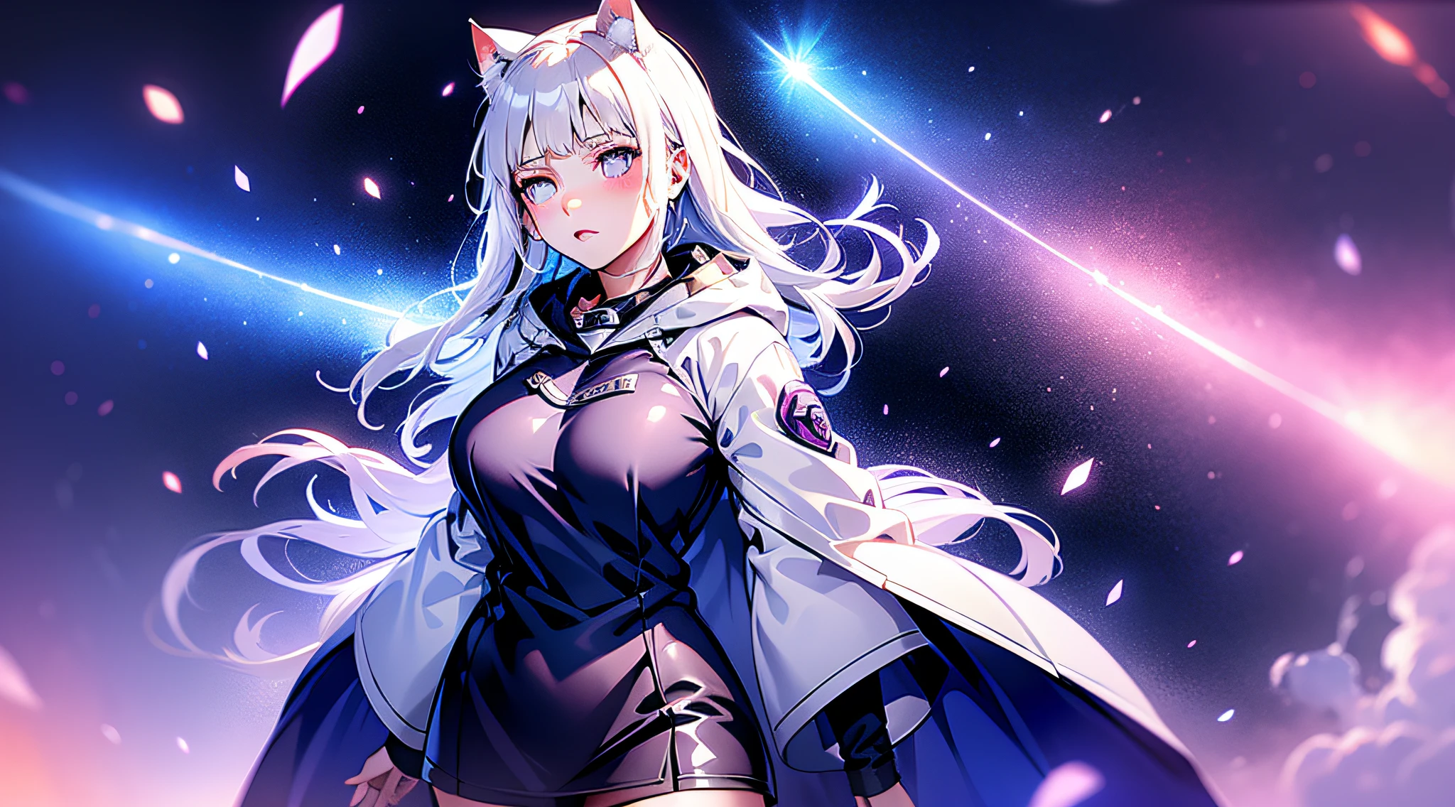 White hair，Hinata Hinata，Wear a cat-and-girl outfit，Bigboobs，Black stockings，are standing，Skysky，Light particles