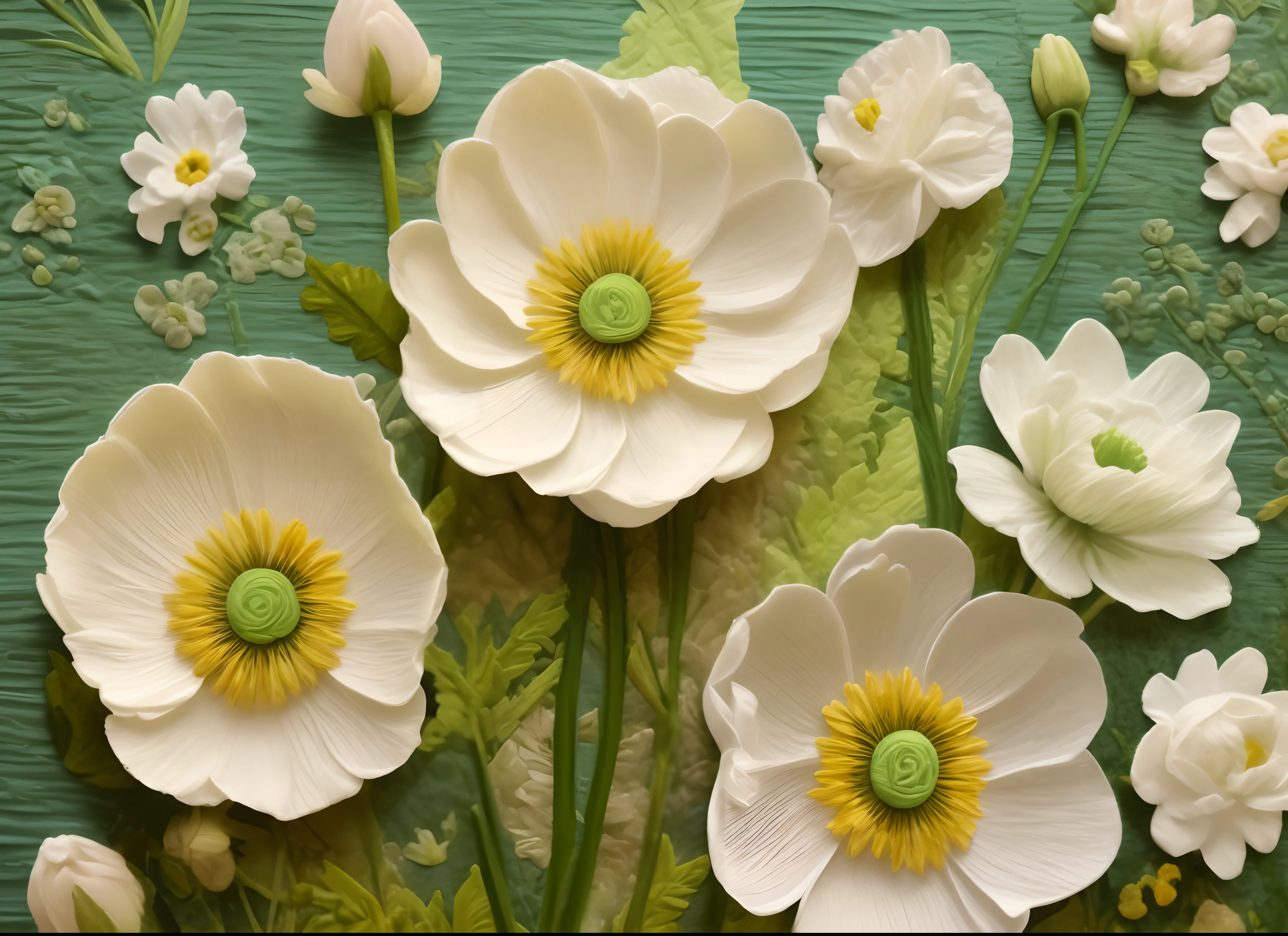 there are many white flowers that are on a green surface, oil paint impasto reliefs, flowers with intricate detail, anemones, inspired by Maksimilijan Vanka, oil paint impasto relief, detailed flowers, realistic flowers oil painting, inspired by Luca della Robbia, insanely detail, white flowers, detailed impasto, anemone