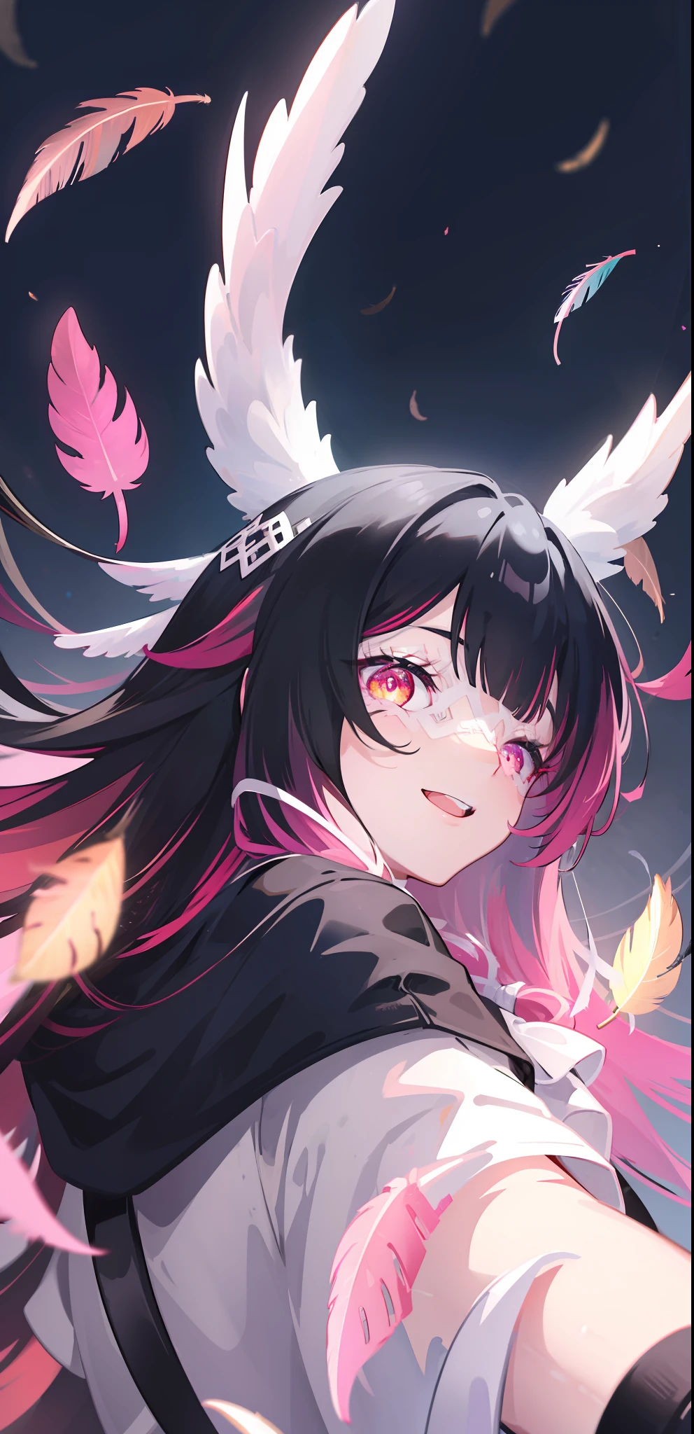 1girl, long hair, black hair, red hair, solo, open eyes, eye_mask, head wings, hair ornament, blunt bangs, light blue spotlight shining down, feathers, dark, falling feathers, evil, mysterious, black background, wind, smiling, jacket, top down view, view from above, wide bright neon pink eyes, looking at viewer, insane expression, crazy, glowing eyes, eyes as focus of image, multicoloured eyes