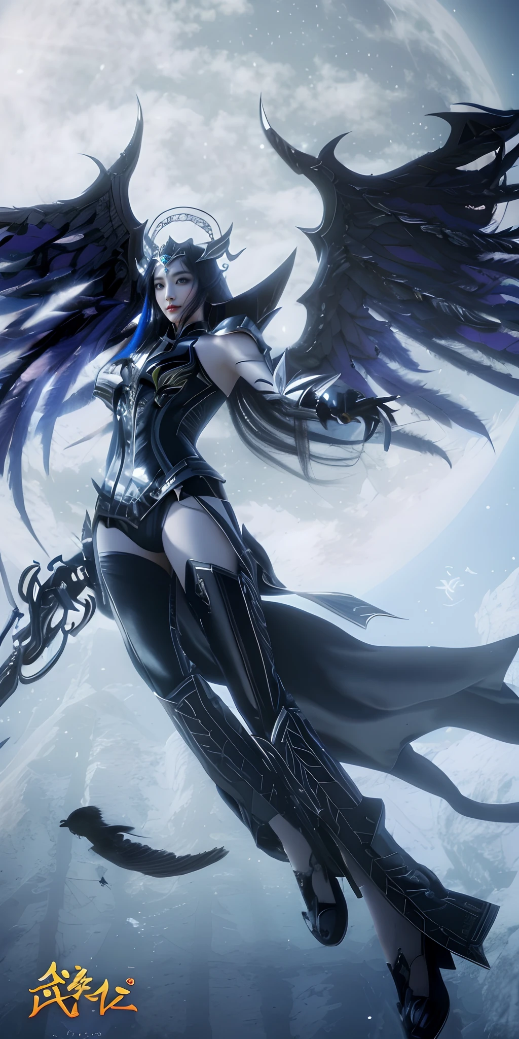 Close-up of a man and a bird flying in the air, aion, as a mystical valkyrie, villainess has black angel wings, mystical valkyrie, From Lineage 2, mystical atlantean valkyrie, dark elf princess, lolth, Dark Elves, beautiful dark elf countess, angel knight gothic girl, a beautiful succubus, tmasterpiece《Goddess of sorrow》,South Korean beauties,seduct smile