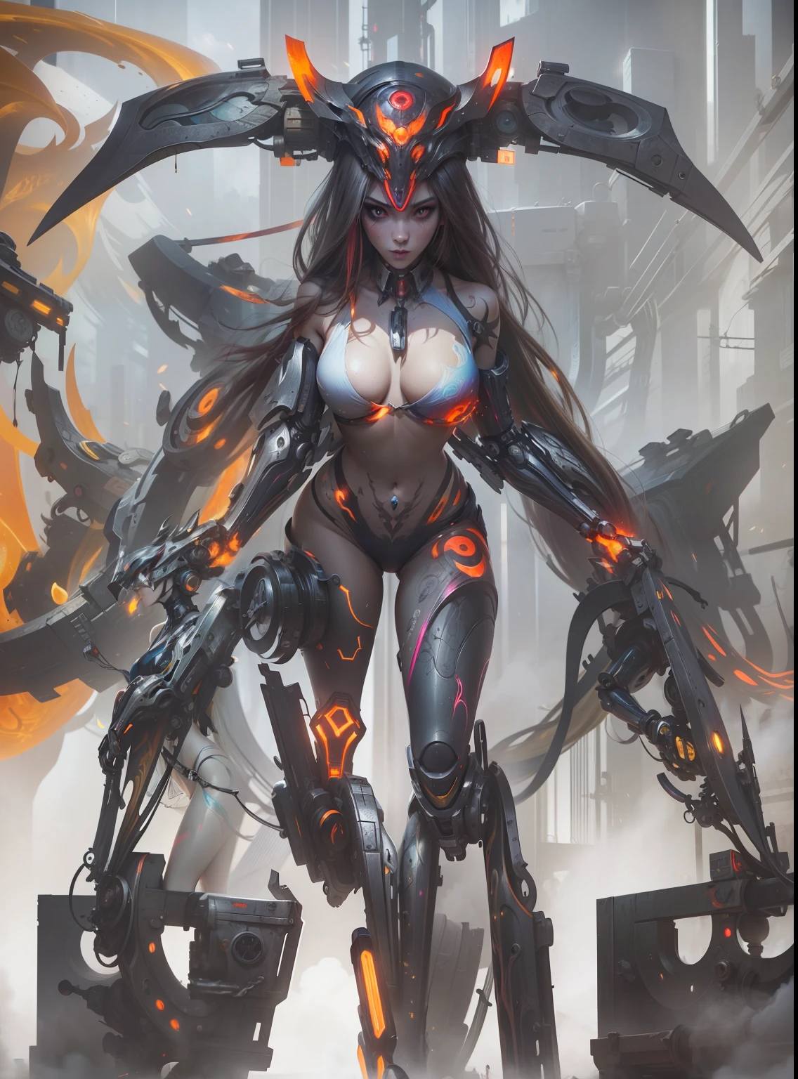Masterpiece, Best Quality, Girls, Slender, Red Eyes, Hair Color, Iridescent, Long Hair Spreading, White Skin, Medium, Cute, Sexy, Near Future, Bikini, Exposed Skin, Night, Psychedelic, Trip, Extreme Color, Paisley Theme, Open Legs, Mechanical Left Arm, Full Body