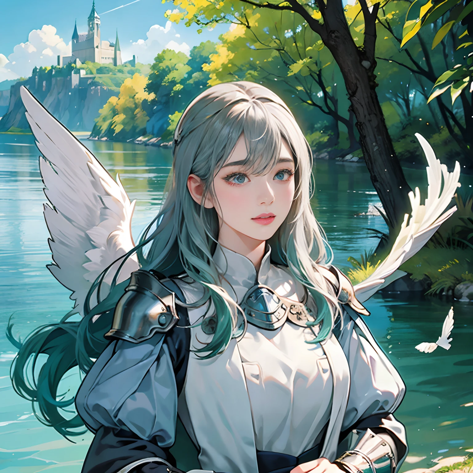 Women in Their 20s, 2guys:2.0, offcial art, unity 8k wall paper, ultra-detailliert, beautifly、Aesthetic, masterpiece, top-quality, Photorealsitic, a female angel、very massive white wings on the back,,:2.0、3 pairs of wings left and right:2.0、Silver Armor Helmet:2.0、Silver Gauntlet、Knightly attire、valkyrie、White headdress with feather ornament、Holding a long steel spear in one hand、Circle of Angels Emitting Light、light magic、depth of fields, Fantastic atmosphere, Calm palette, tranquil mood, Soft shading、Forest and lake on background、 Blue sky and distant castles、Green Tree々、Beautiful Landscapes、bbw、very large breast、plump figure、Flock of white birds