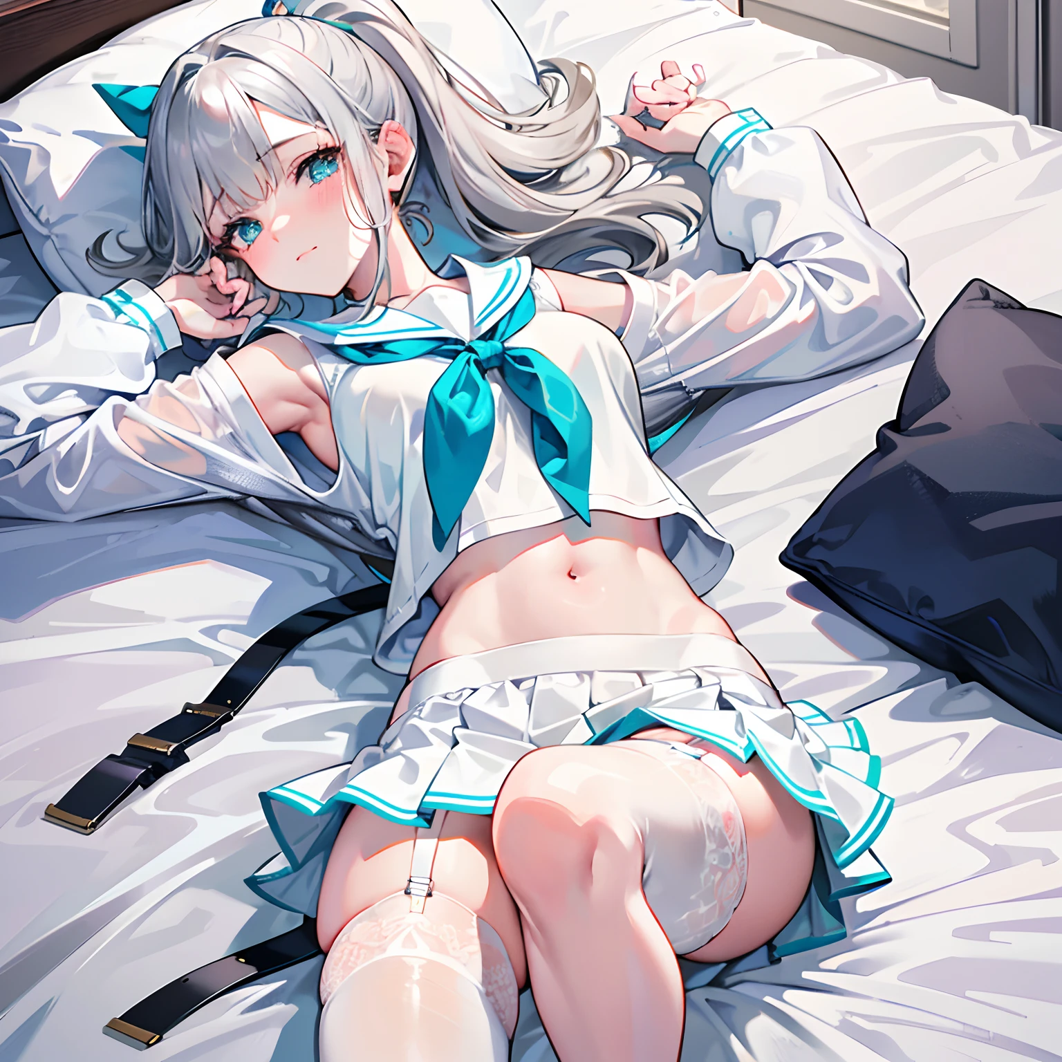 Masterpiece, Best quality, Girl, Medium hair, {Silver hair}, Asymmetrical bangs, {High ponytail}, Light blush, Light smile, aqua eyes, Medium breasts, {white garter belt}, {White miniskirt}, sailor suite, Arms up, Wet clothes ,{Wet skirt},Lying in bed,Parallel top view