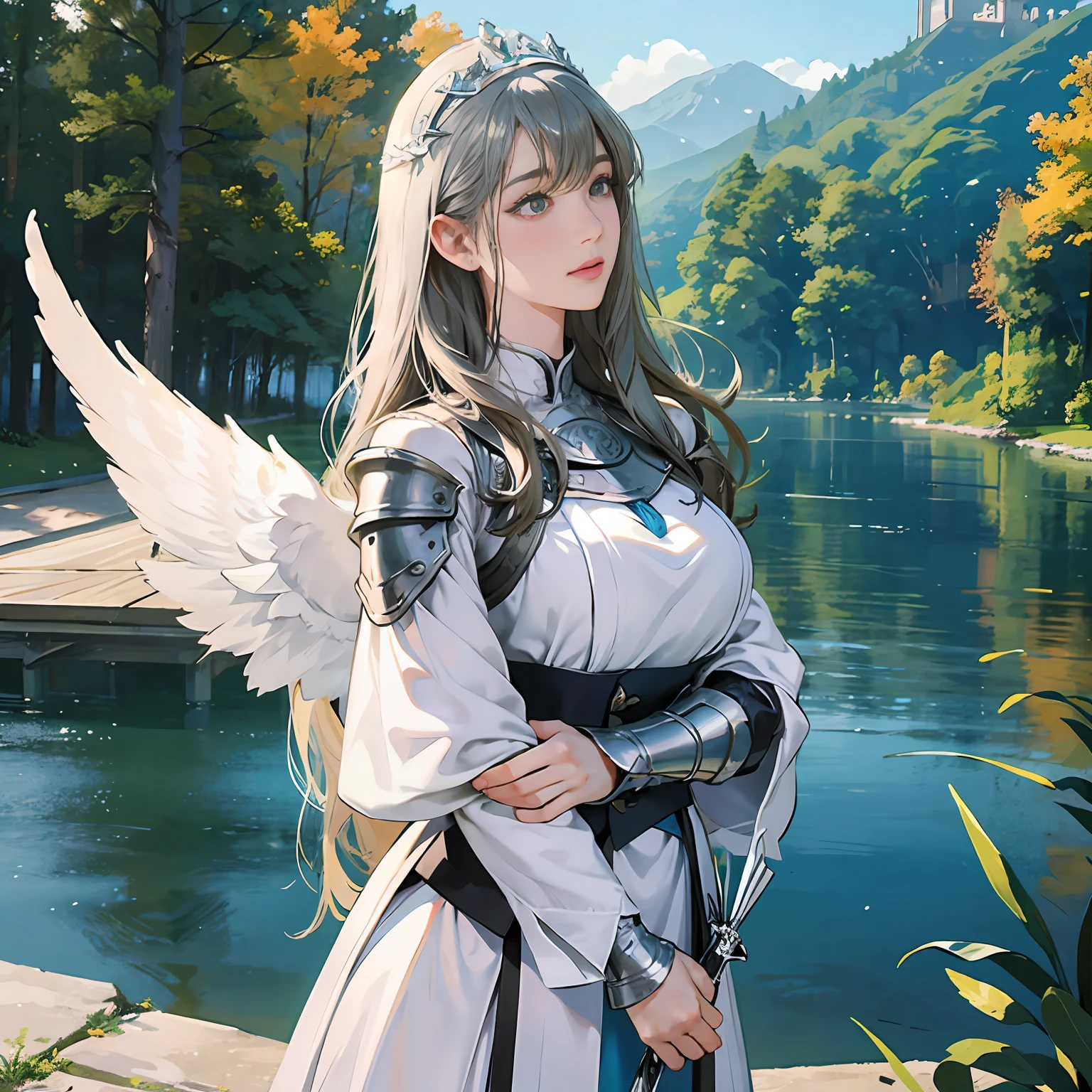 Women in Their 20s, 2guys:2.0, offcial art, unity 8k wall paper, ultra-detailliert, beautifly、Aesthetic, ​masterpiece, top-quality, Photorealsitic, a female angel、very massive white wings on the back,,:2.0、3 pairs of wings left and right:2.0、Silver Armor Helmet:2.0、Silver Gauntlet、Knightly attire、valkyrie、White headdress with feather ornament、Holding a long steel spear in one hand、Circle of Angels Emitting Light、light magic、depth of fields, Fantastic atmosphere, Calm palette, tranquil mood, Soft shading、Forest and lake on background、 Blue sky and distant castles、Green Tree々、Beautiful Landscapes、bbw、very large breast、plump figure、Flock of white birds