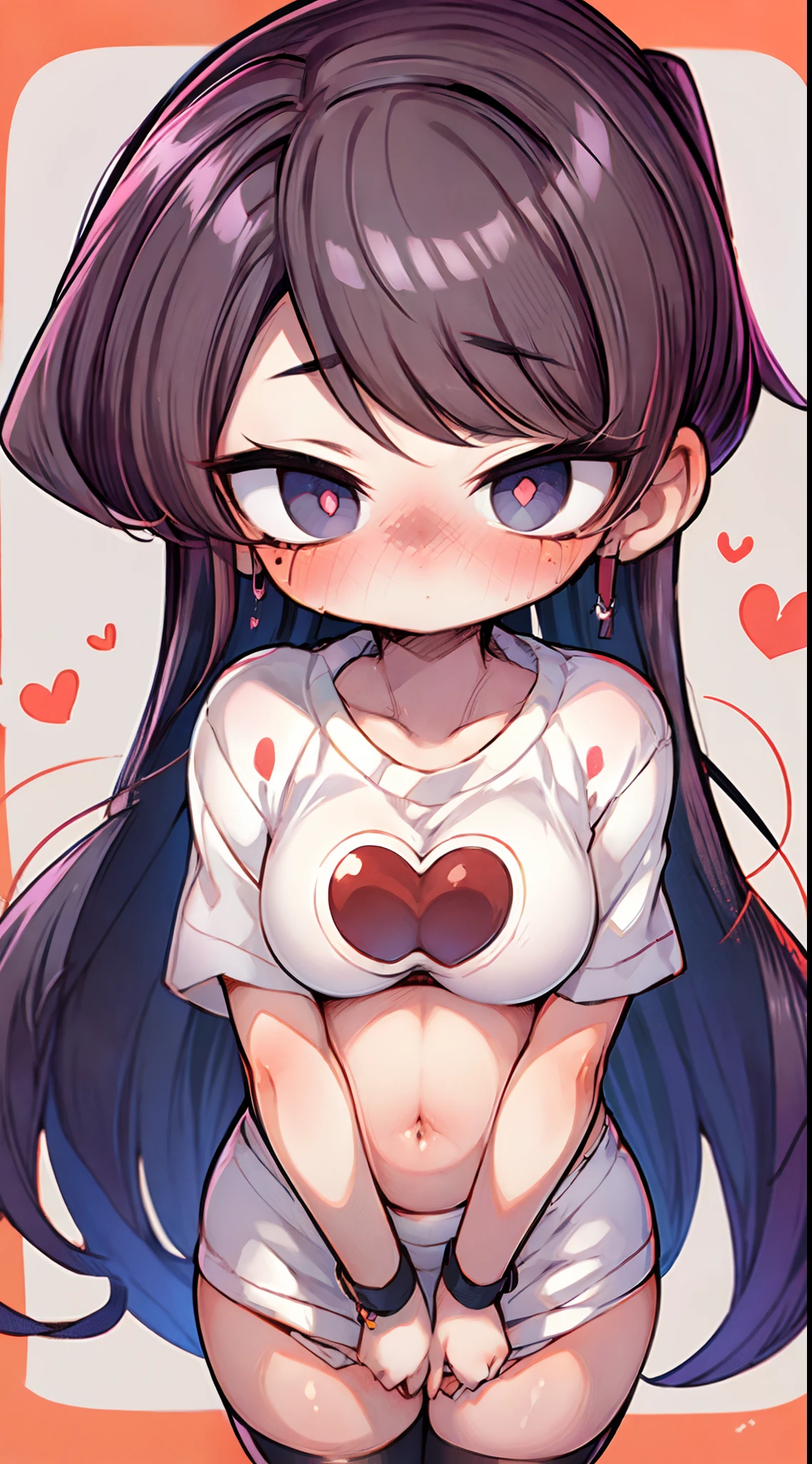 komi shouko,(A white border around a red rectangular background:2.5),revealing her belly,huge tit,whitesweater,High detail,ahegao face,Moles under eyes, Heart-shaped pupils,Love pupils,Lots of hearts,Fleshy thighs,highly rendered,detailed face with