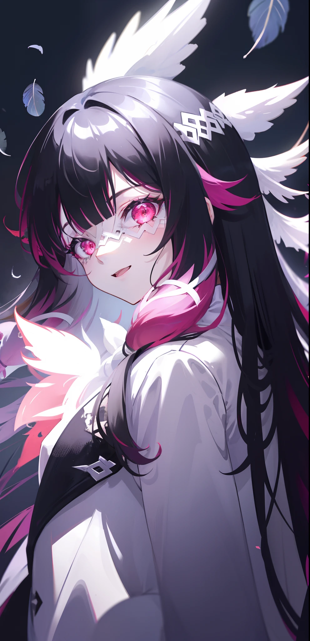 1girl, long hair, black hair, red hair, solo, open eyes, eye_mask, head wings, hair ornament, blunt bangs, light blue spotlight shining down, feathers, dark, falling feathers, evil, mysterious, black background, wind, smiling, jacket, top down view, view from above, wide bright neon pink eyes, looking at viewer, insane expression, crazy, glowing eyes, eyes as focus of image