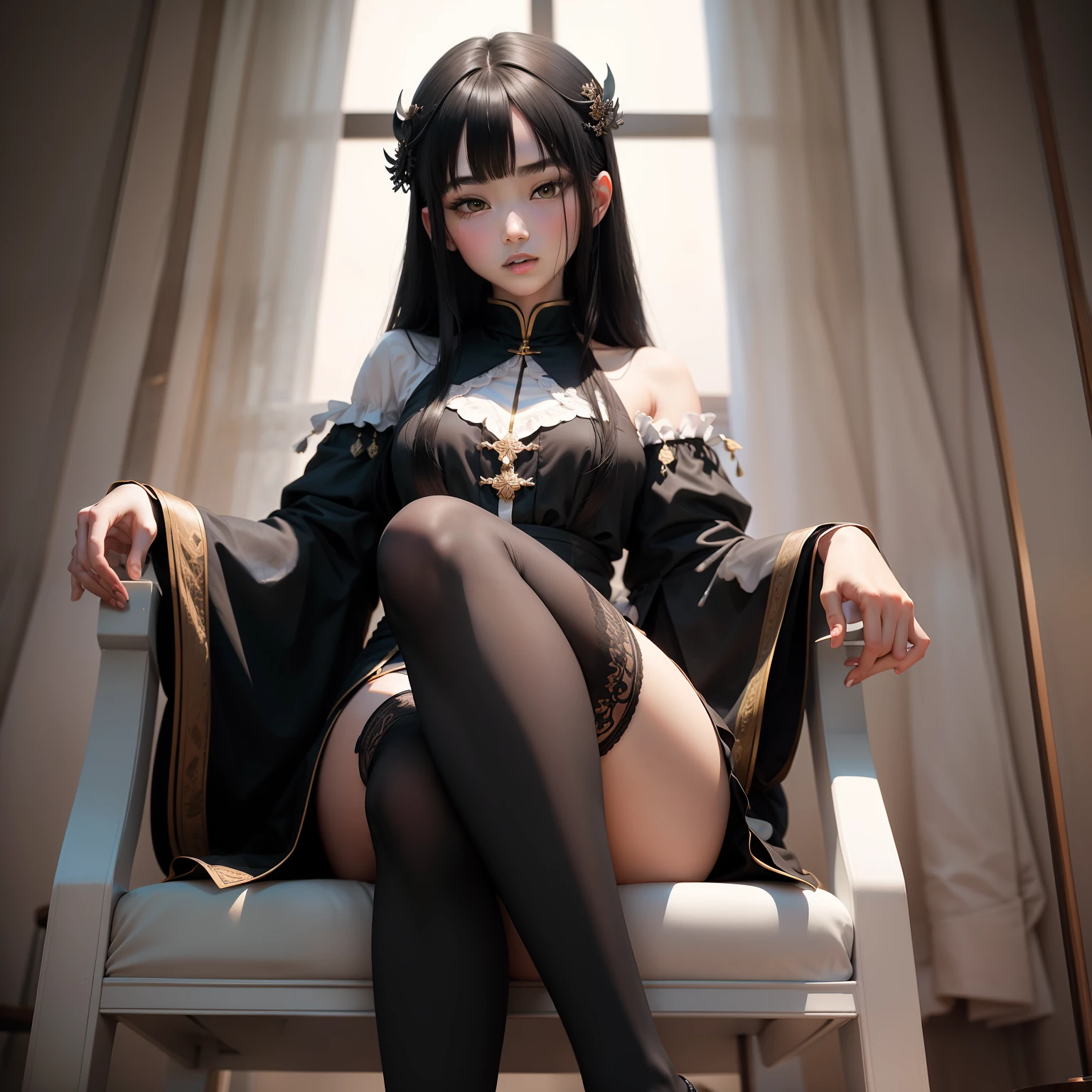 Black-haired maiden,He has delicate facial features,sit on chair,The slender legs are wearing black stockings,The white and tender jade feet dangled against the sky
