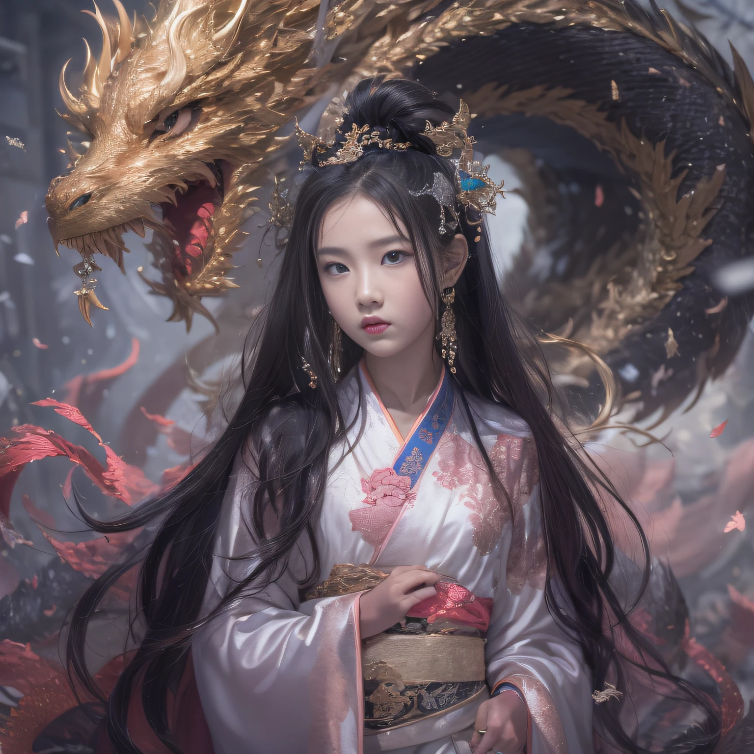 tmasterpiece，best qualtiy，realisticlying，photorealestic，The painting depicts a woman standing next to a dragon。The whole painting uses cute and authentic portraits(styled kawaii realistic portrait)，And has dark blue eyes。Long hair fluttering and cute(cute:2)。The whole painting shows excellent realism and detail(photorreal details)，Light and shadow tracking，Rich in detail，Close-up of a woman in Han costume with a dragon，Portrait of a dragon girl，Dragon-inspired cloth robe，asiagirl，Long flowing black hair，Dragon Girl，Dragon in the background，Black Dragon，Hanging ornaments，Chinese fantasy