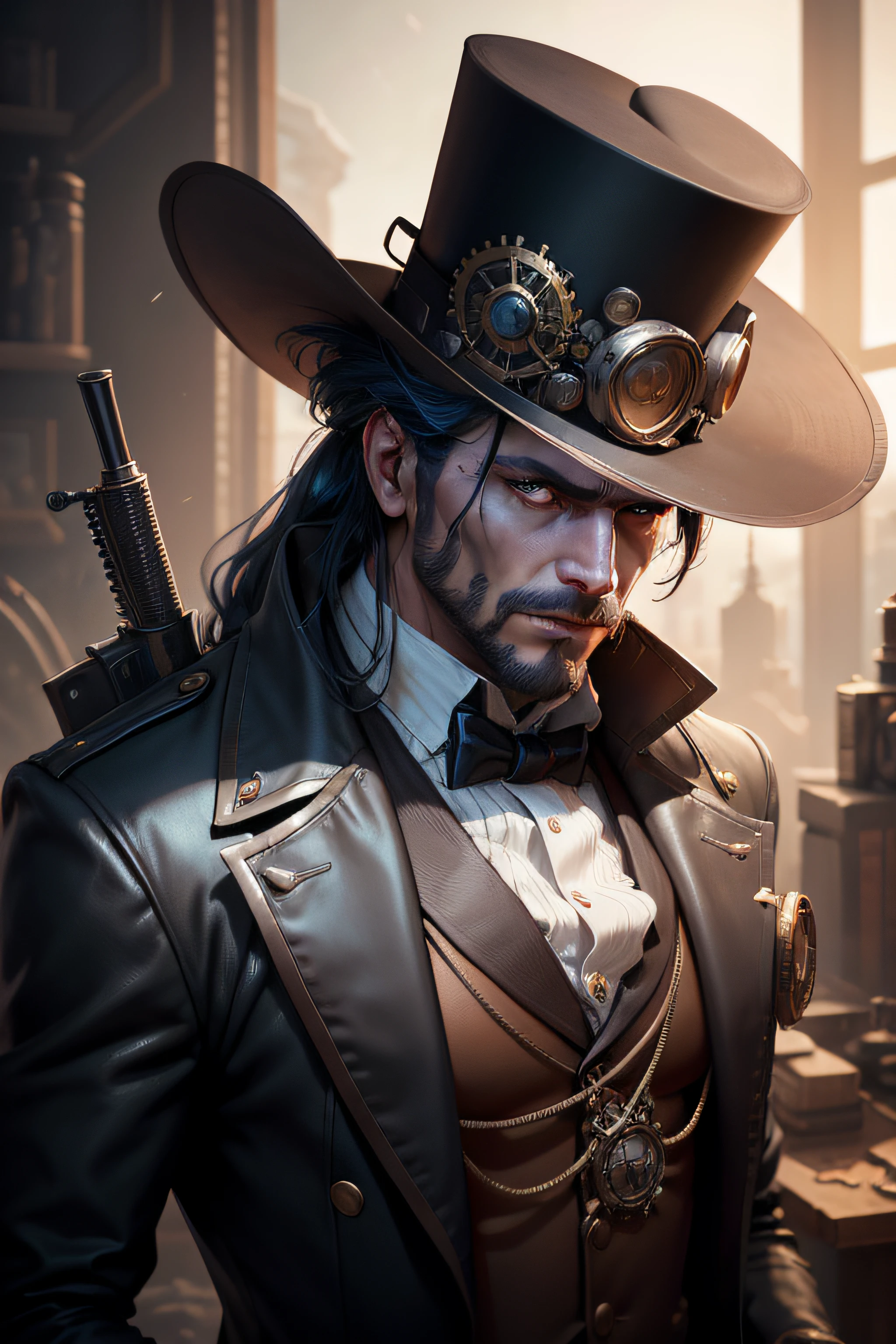 there is a man in a top hat holding a gun, a character portrait inspired by Max Magnus Norman, Artstation contest winner, massurrealism, unreal engineer 5, unreal 5. rpg portrait, made in unreal engine 5, steampunk fantasy style, male artificer, steampunk engineer, closeup portrait of an artificer, menacing. unreal 5