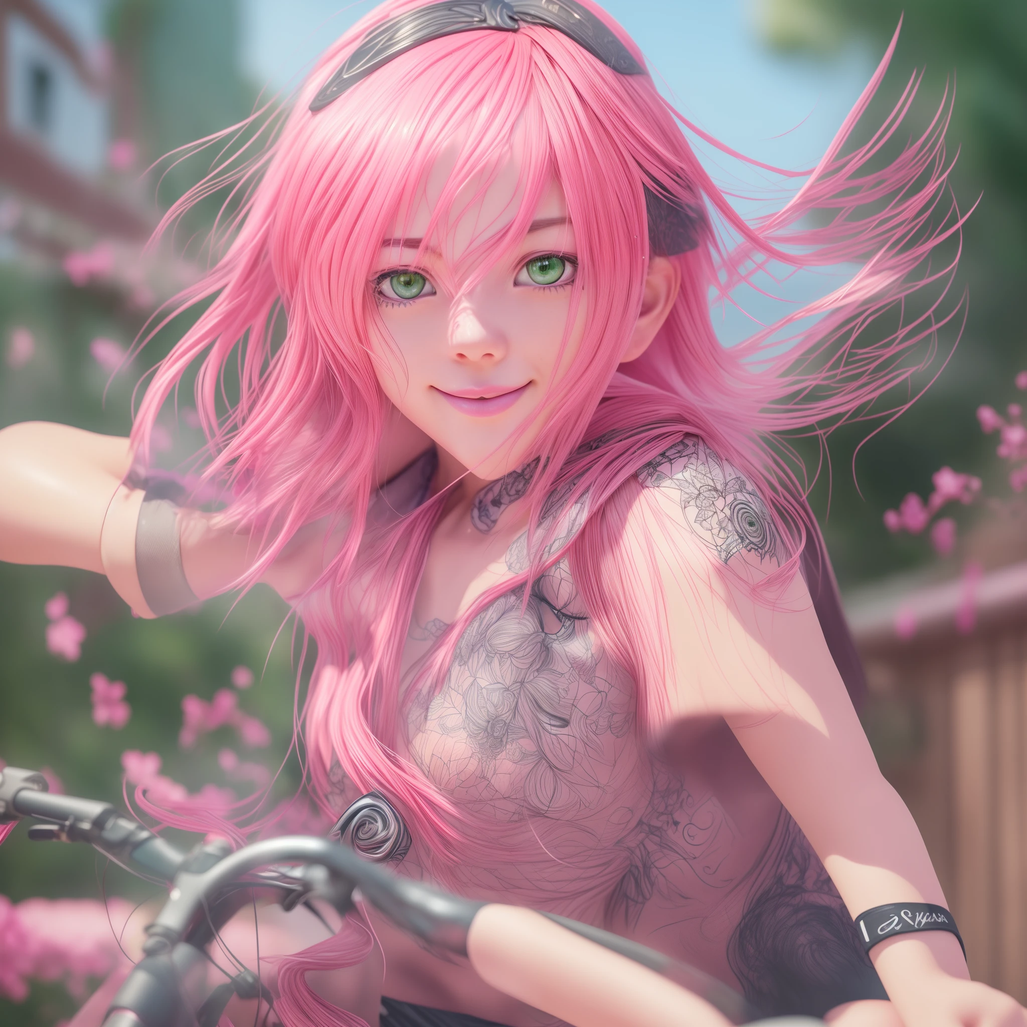 1girl, dynamic pose, smile haruno sakura
pink hair, green eyes, short hair, long hair, forehead protector, short sleeves, bike shorts,, masterpiece, high quality, best quality, beautiful, perfect lighting, detailed face, detailed body,, (((photorealistic, hyper-realistic, RAW photo:1.2))), intricate details, 8k uhd, perfect face, perfect eyes,