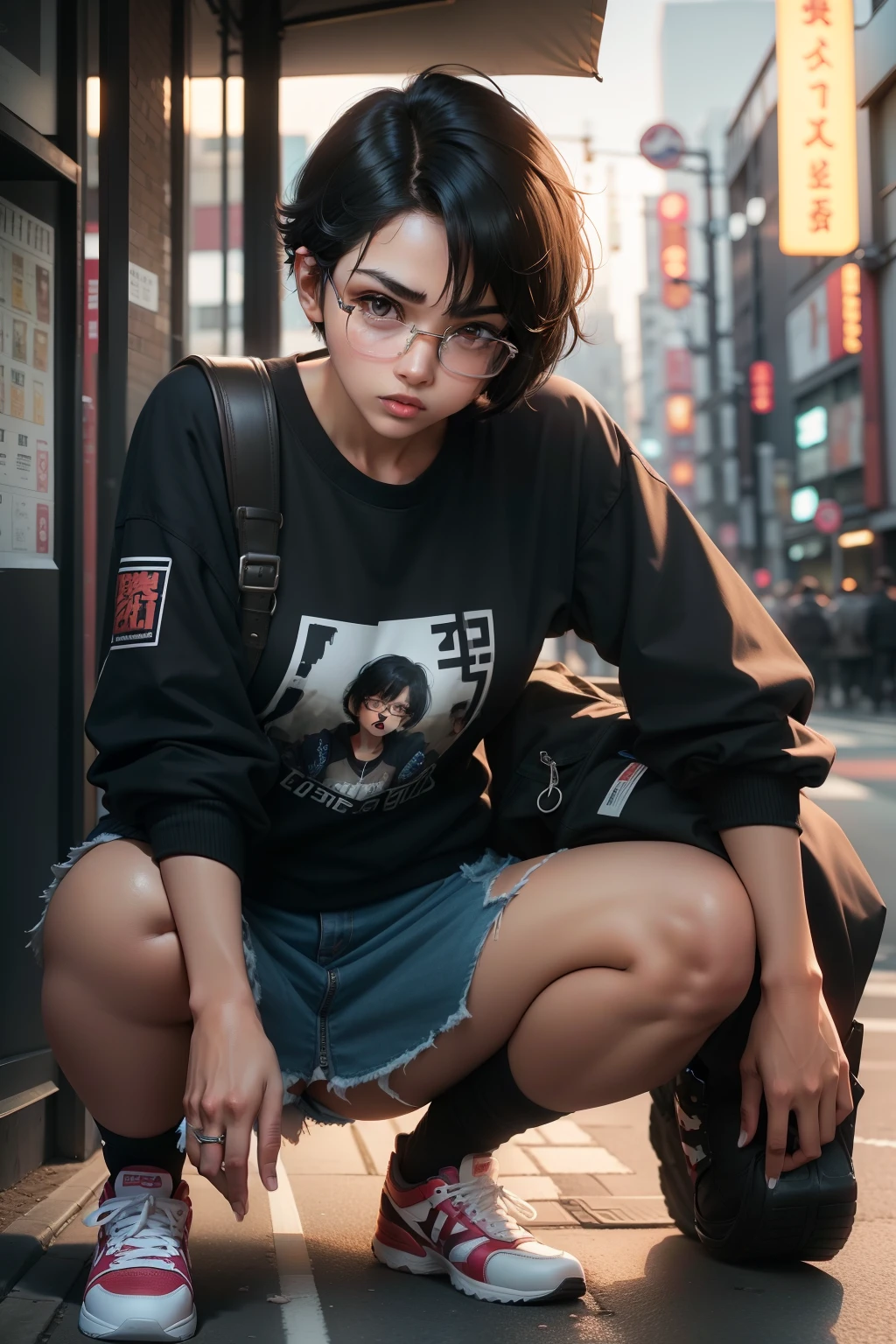 1girl, beautiful girl, wearing eyeglasses, brown skin, small mole on her left cheek, full body, Body Length 150 cm, 20 years old, brown skin girl, .(short black hair, Street hairstyle) , (black eyes), realistic eyes, beautiful and big eyes), angry face masculine clothing, yakoza clothes, Delinquent clothes, Wearing sneakers, Small breasts, (8k wallpaper), (Tokyo streets wallpaper) 8k, high quilty, realistic, beautiful realistic, Cool details, raw photo, realistic clothing, short hair, black hair, realistic hair, Light and cool lighting, photo realistic, Cel shaded, Gel lighting, ultra details