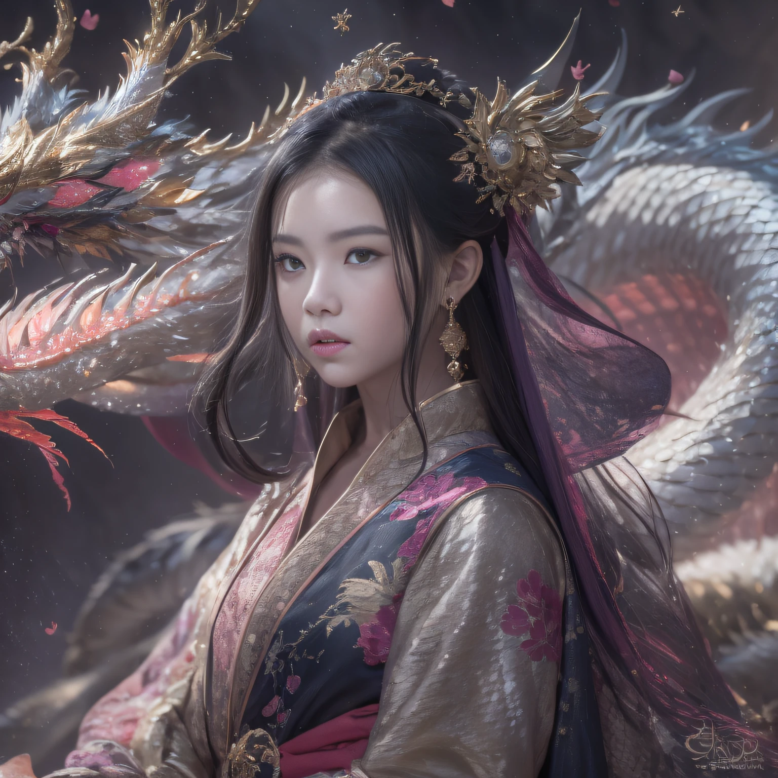 32K（tmasterpiece，k hd，hyper HD，32K）Long flowing black hair，Gold jewelry area in the back room，Smoke ring girl ，Golden Dragon Protector （realisticlying：1.4），Python pattern robe，Purple-pink tiara，Snowflakes fluttering，The background is pure，Hold your head high，Be proud，The nostrils look at people， A high resolution， the detail， RAW photogr， Sharp Re， Nikon D850 Film Stock Photo by Jefferies Lee 4 Kodak Portra 400 Camera F1.6 shots, Rich colors, ultra-realistic vivid textures, Dramatic lighting, Unreal Engine Art Station Trend, cinestir 800，Hold your head high，Be proud，The nostrils look at people，32K（tmasterpiece，k hd，hyper HD，32K）Long flowing black hair，Backroom pond，zydink， a color， Xuzhou people （Snowflakes fluttering）， （Silk scarf）， Combat posture， looking at viewert， long whitr hair， Floating hair， Hanfu， Chinese clothes， longer sleeves， （abstract ink splash：1.2）， white backgrounid，Kirin Beast Protector （realisticlying：1.4）， （realisticlying：1.4），，The nostrils look at people， A high resolution， the detail， RAW photogr， Sharp Re，