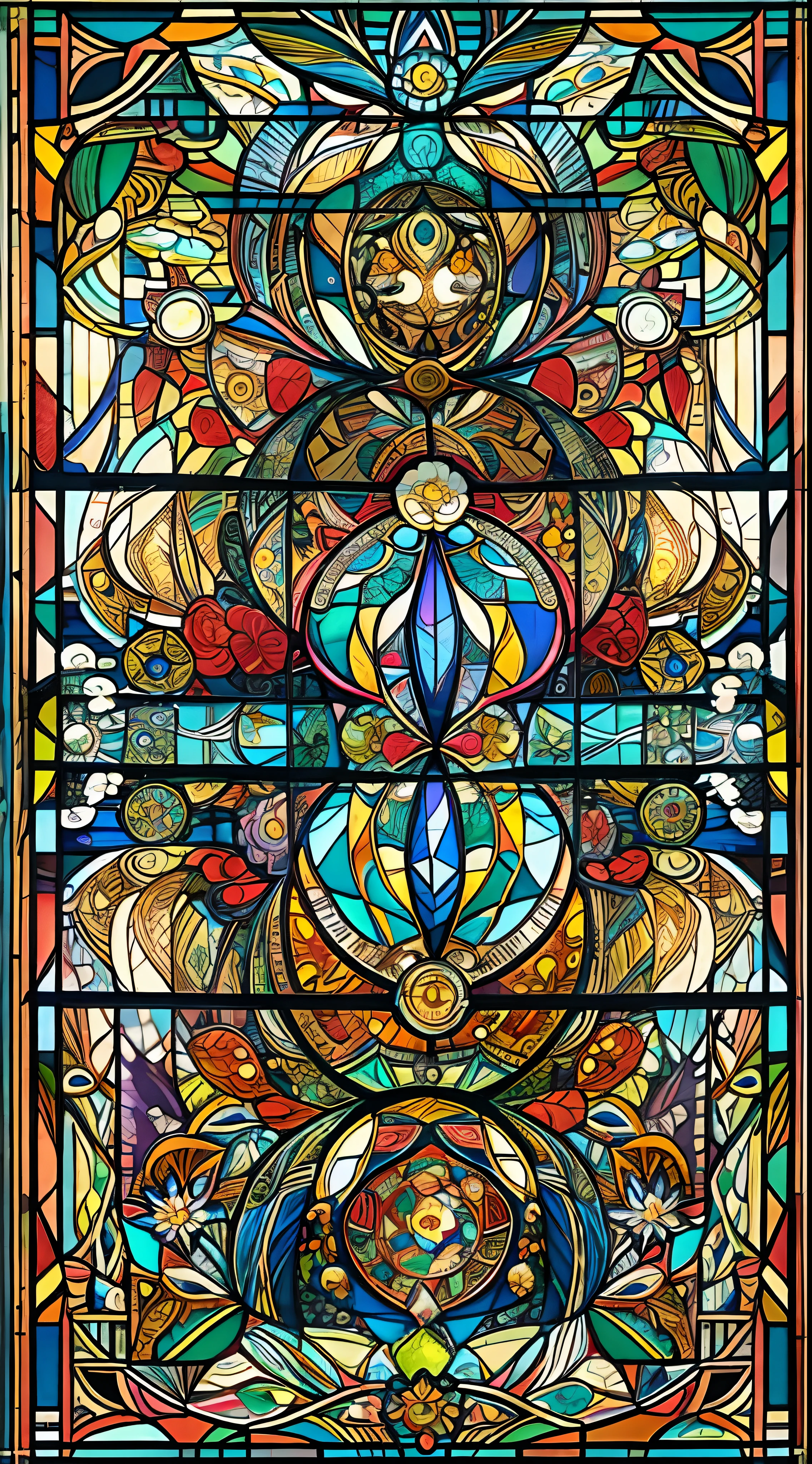 (masterpiece, top quality, best quality,official art, beautiful and aesthetic:1.2),(1girl:1.3), 1girl BREAK stained glass art, colored glass, lead lines, light transmission BREAK vibrant colors, intricate designs, luminous effects, spiritual ambiance