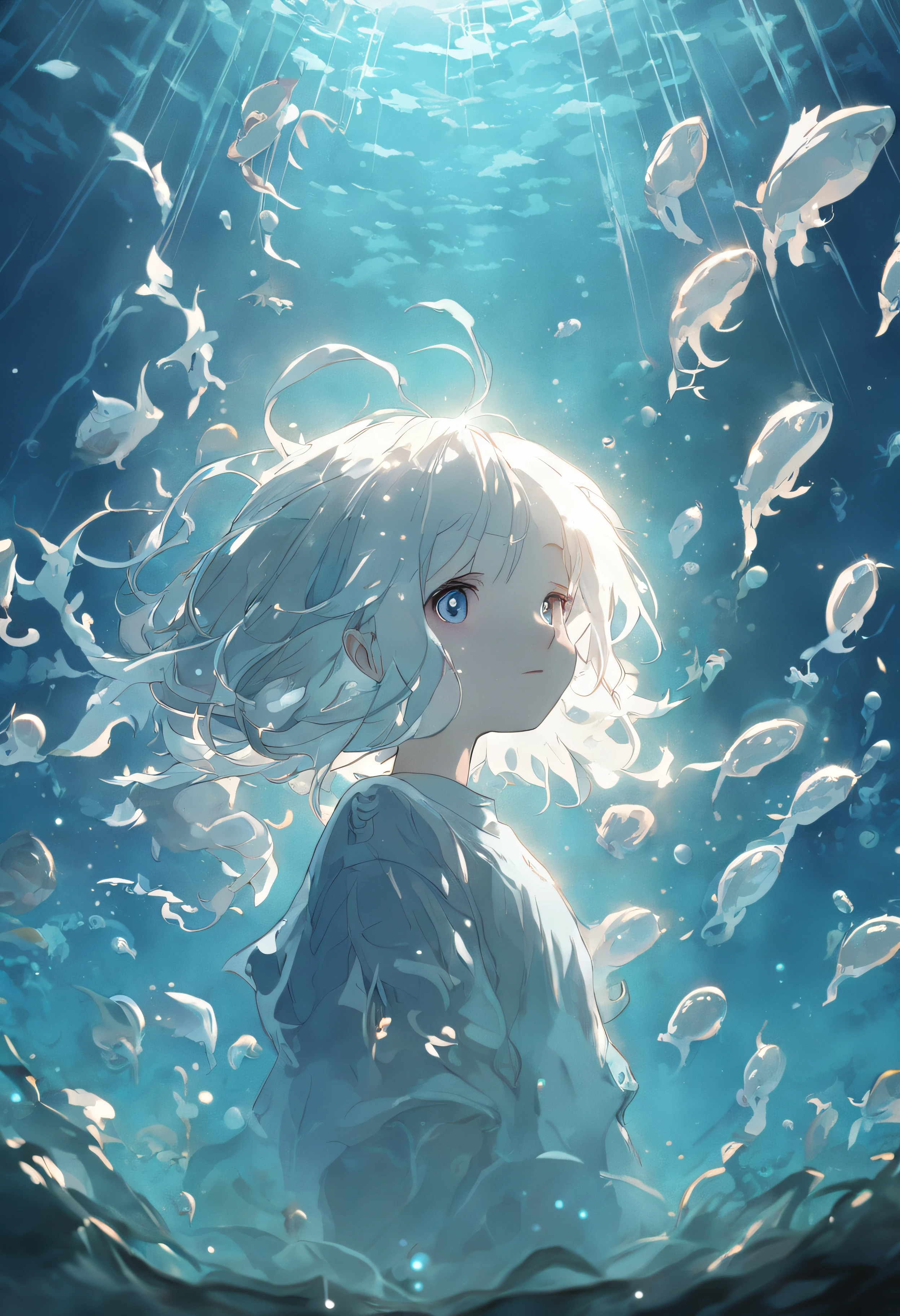 Undersea juvenile silver-haired shell house，Girl with short white hair，Flying strands of hair，Colorful bubbles，A plant，Sparkling，ocean floor，( reasonable design, Clear lines, High sharpness,Best quality, Very detailed, Masterpiece, movie light effect, 4K )