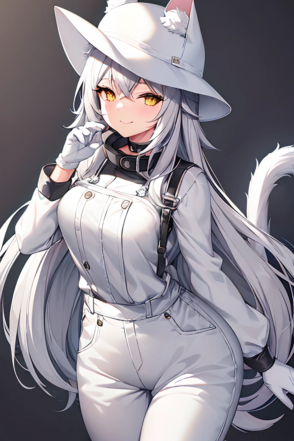 a gray haired cat girl with a cat tail, wearing a complete white cat hat with a brim, white long sleeves, light gray denim overalls, long BLACK gloves, long BLACK boots, a cute winking face, no human ears, medium breasts, yellow eyes, wearing a black collar, on a complete gray background, doing a pose