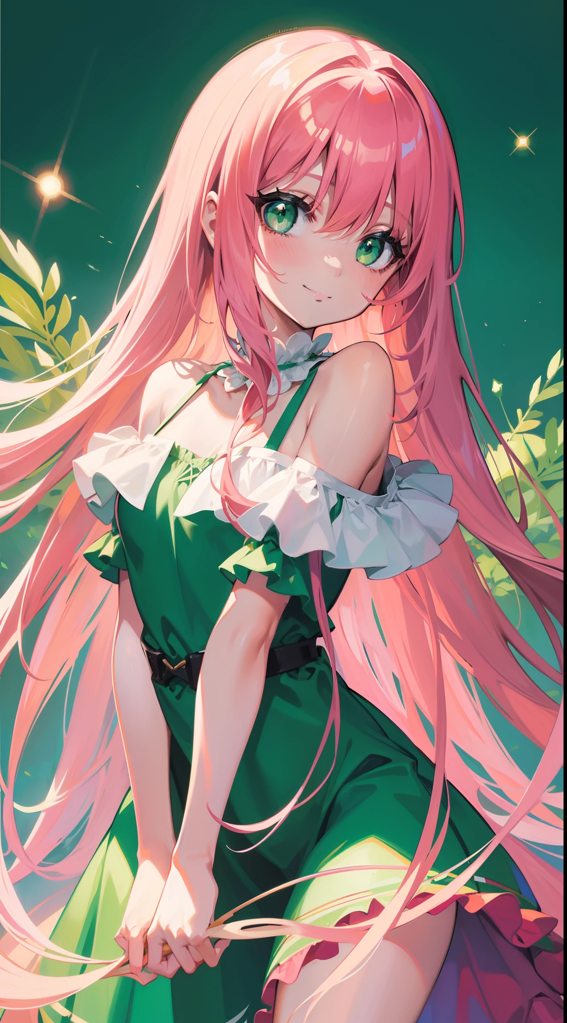 young girl, long pink hair, Green eyes, Green Light Dress, ssmile, Masterpiece, hiquality