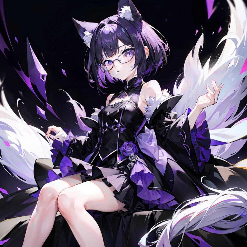 short detailed hair,Fluffy light purple,Wear a black and purple fluffy skirt,It has purple fox ears,White thin-rimmed glasses,Wears knee-length black silk,This is a cute royal sister girl