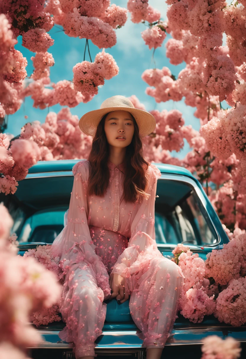 18 year old girl model sitting in a car full of flowers, flowers can fly, the art of Rin Kawauchi, style in naturalistic poses, youth energy cool and depressing, analog film, super detail, fantastic Loepfe photography, colorful, real, 3D