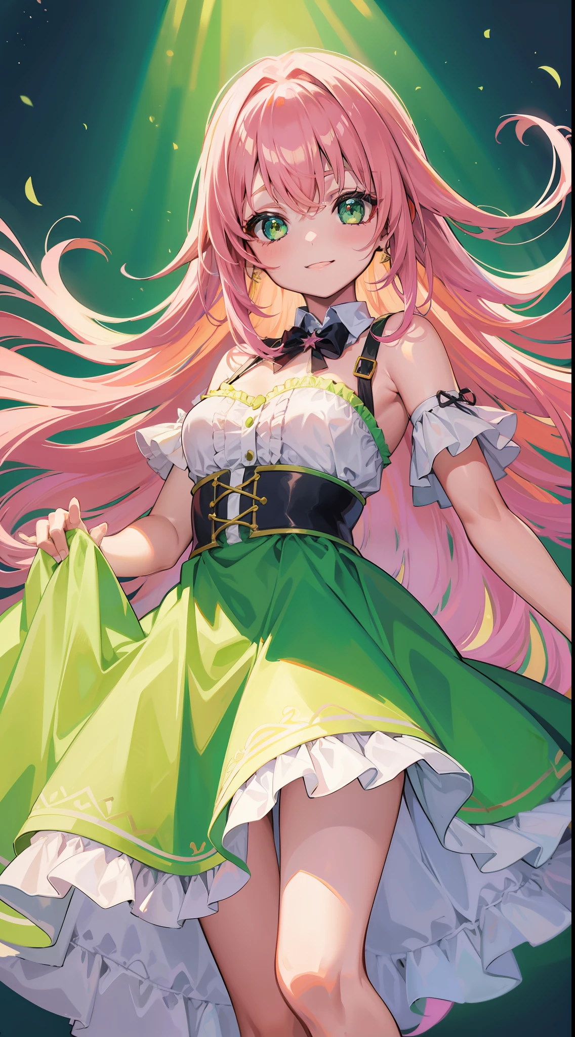 young girl, long pink hair, Green eyes, Green Light Dress, ssmile, Masterpiece, hiquality