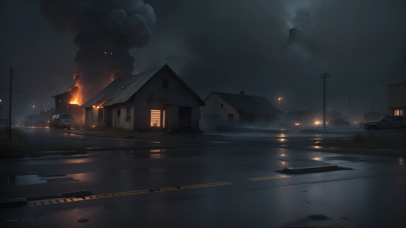 Create an epic scene in format16:9, using high-resolution images (8k), that portrays the abandoned city of São Paulo in the midst of a catastrophe. Add towering flames that consume buildings, adicionar pessoas desesperadas fugindo das chamas,enquanto outras pessoas perfeitas correm desesperadamente, Convey the emotion and mysterious atmosphere of a ghost town through this cinematic representation in artificial intelligence art