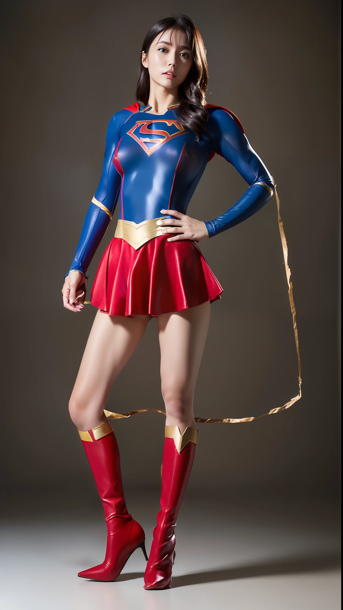 (((Make the most of the original image)))、(((Supergirl Costume)))、(((lustrous dark hair)))、(((Suffering)))、(((That is)))、((Thighs wear stockings all over the body))、((Top image quality、8K))、((top-quality、8K、masterpiece:1.3))、Crisp focus:1.2、Beautiful woman with perfect body shape:1.4、Slender Abs:1.2、((layers-Cut、large boob:1.2))、a wet body:1.5、Highly detailed facial and skin texture、